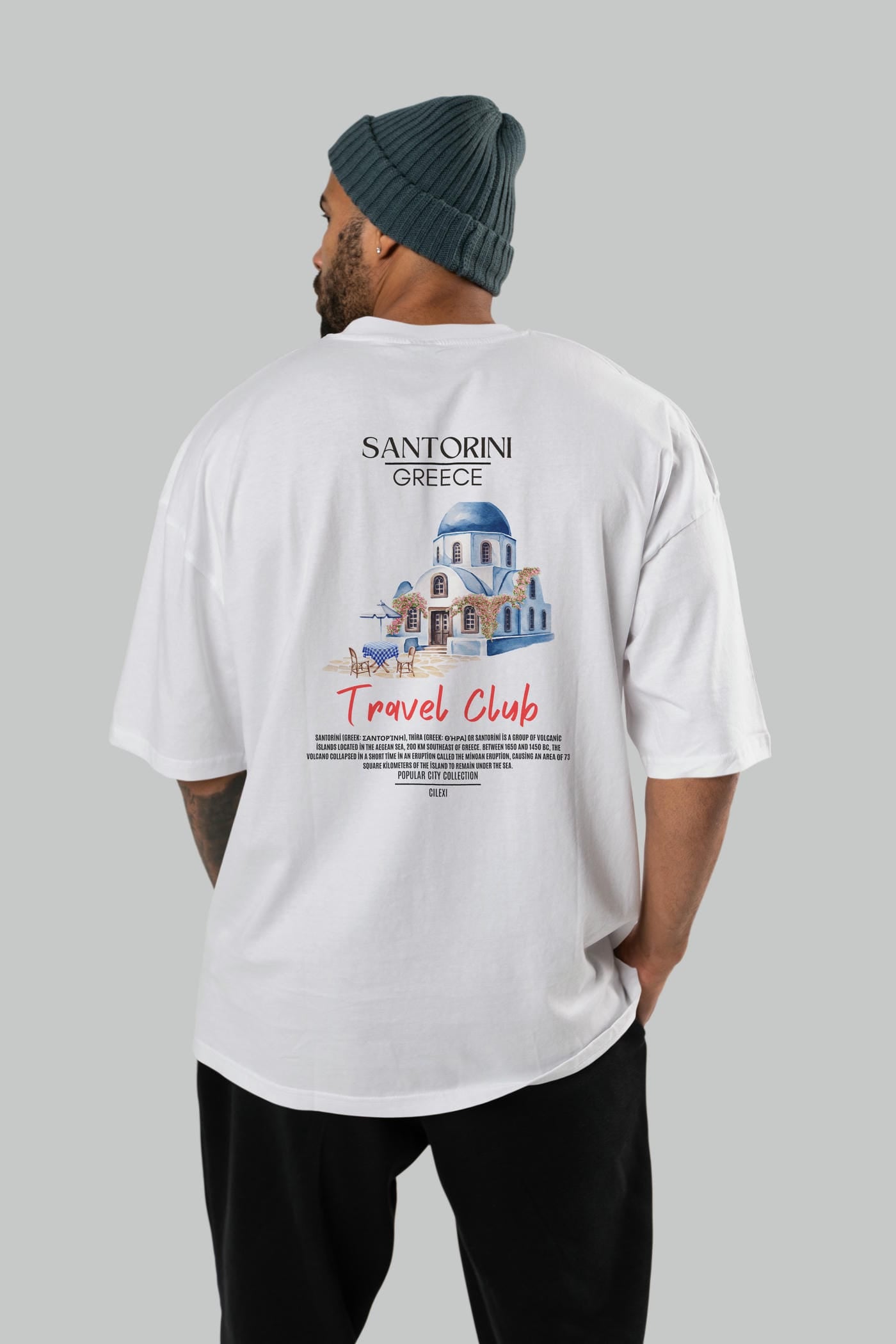 Santorini Greece Arka Baskılı Oversize t-shirt Erkek Kadın Pamuk Bisiklet Yaka tişort