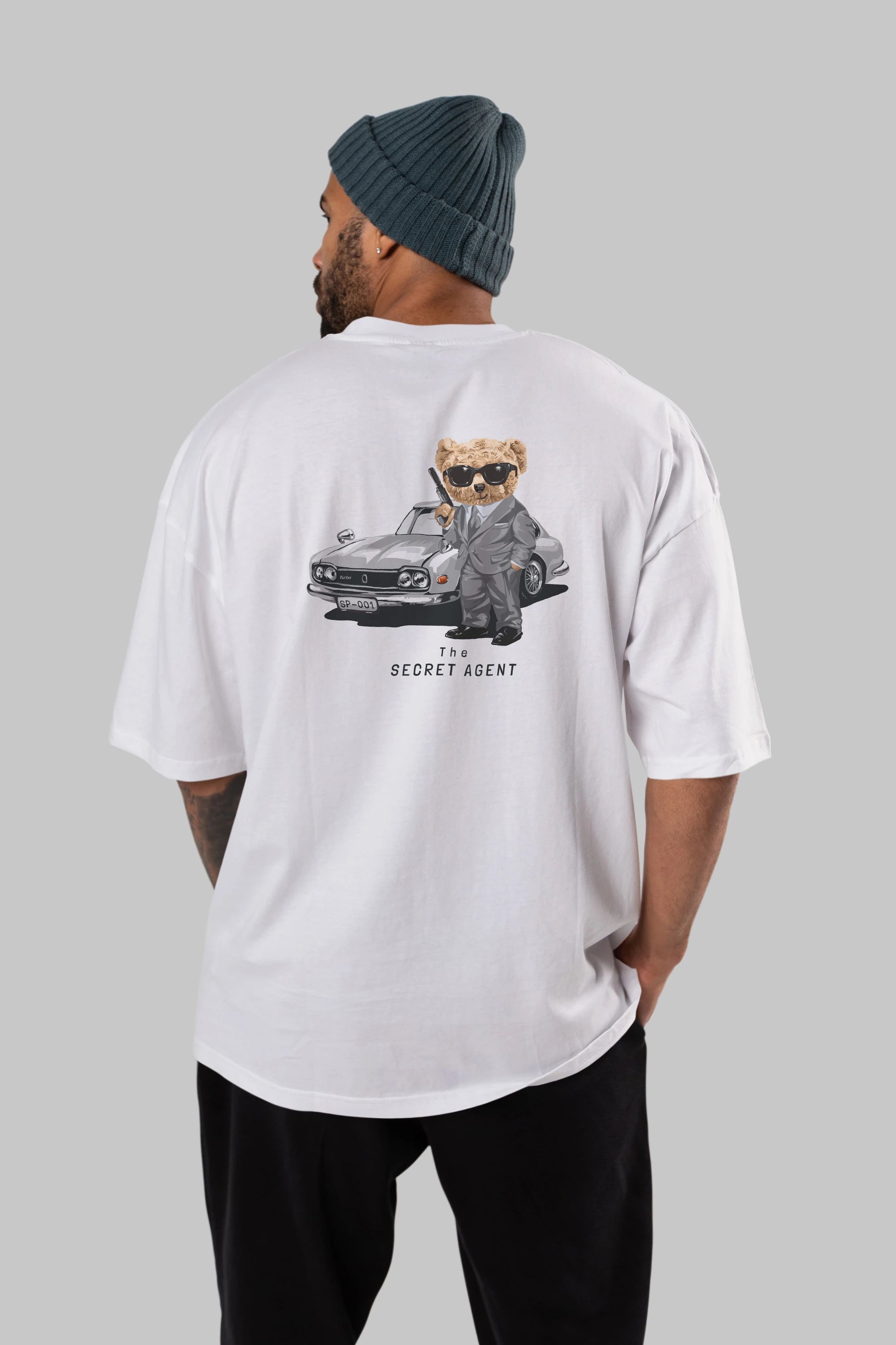 Teddy Bear The Secret Agent Arka Baskılı Oversize t-shirt Erkek Kadın Unisex %100 Pamuk