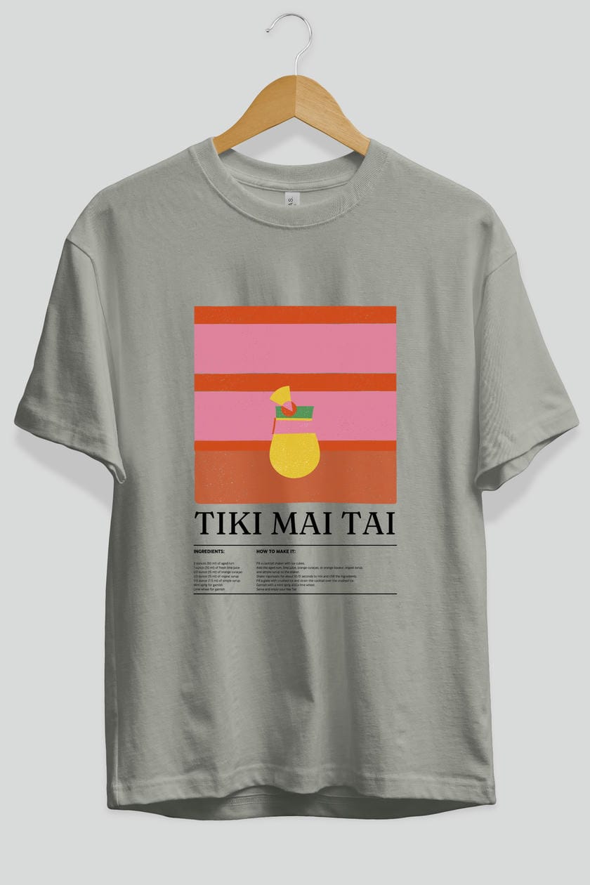 Tiki Mai Tai Kokteyl Ön Baskılı Oversize t-shirt Erkek Kadın %100 Pamuk Bisiklet Yaka tişort