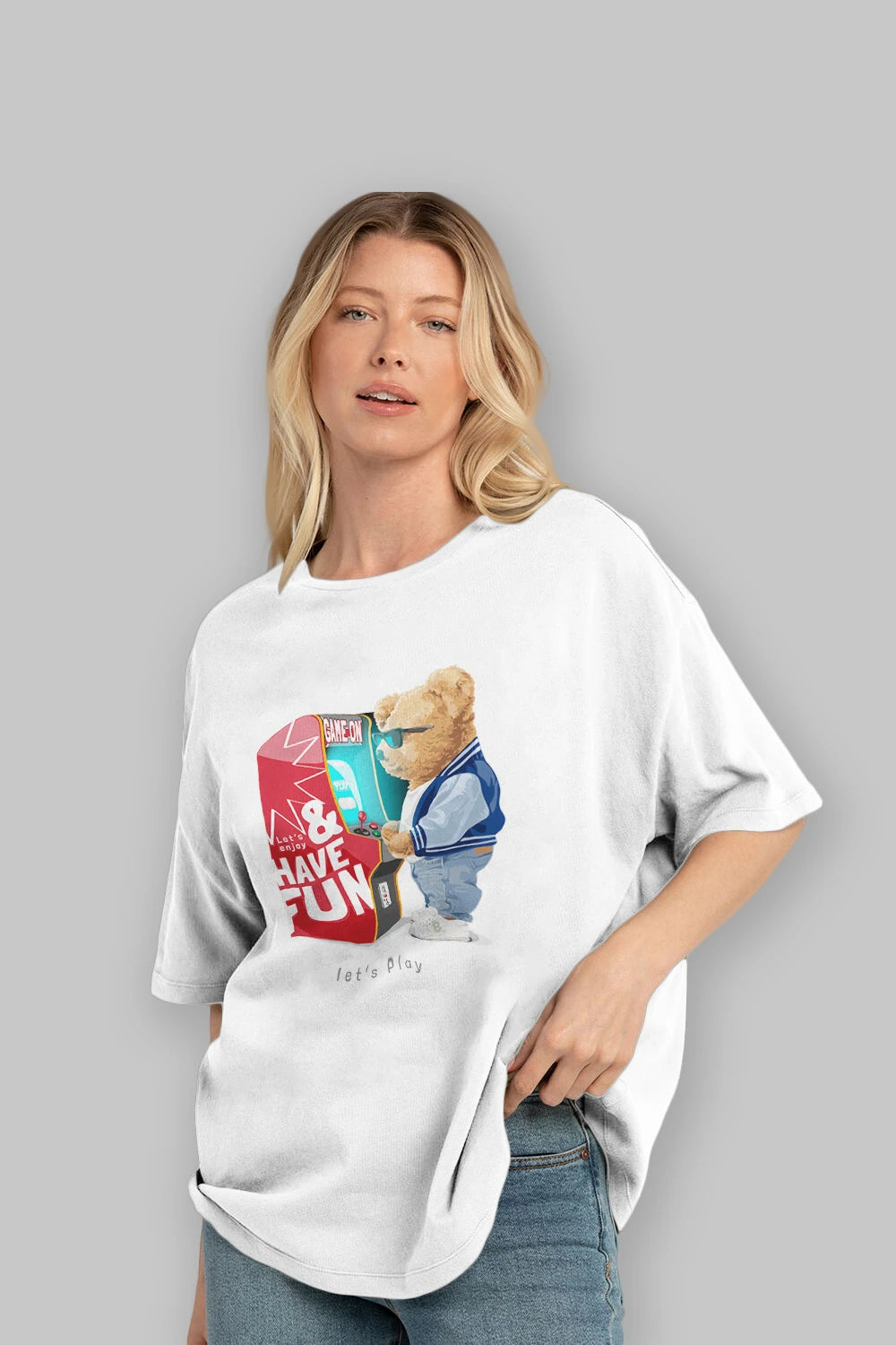 Teddy Bear Lets Play Ön Baskılı Oversize t-shirt Erkek Kadın Unisex %100 Pamuk