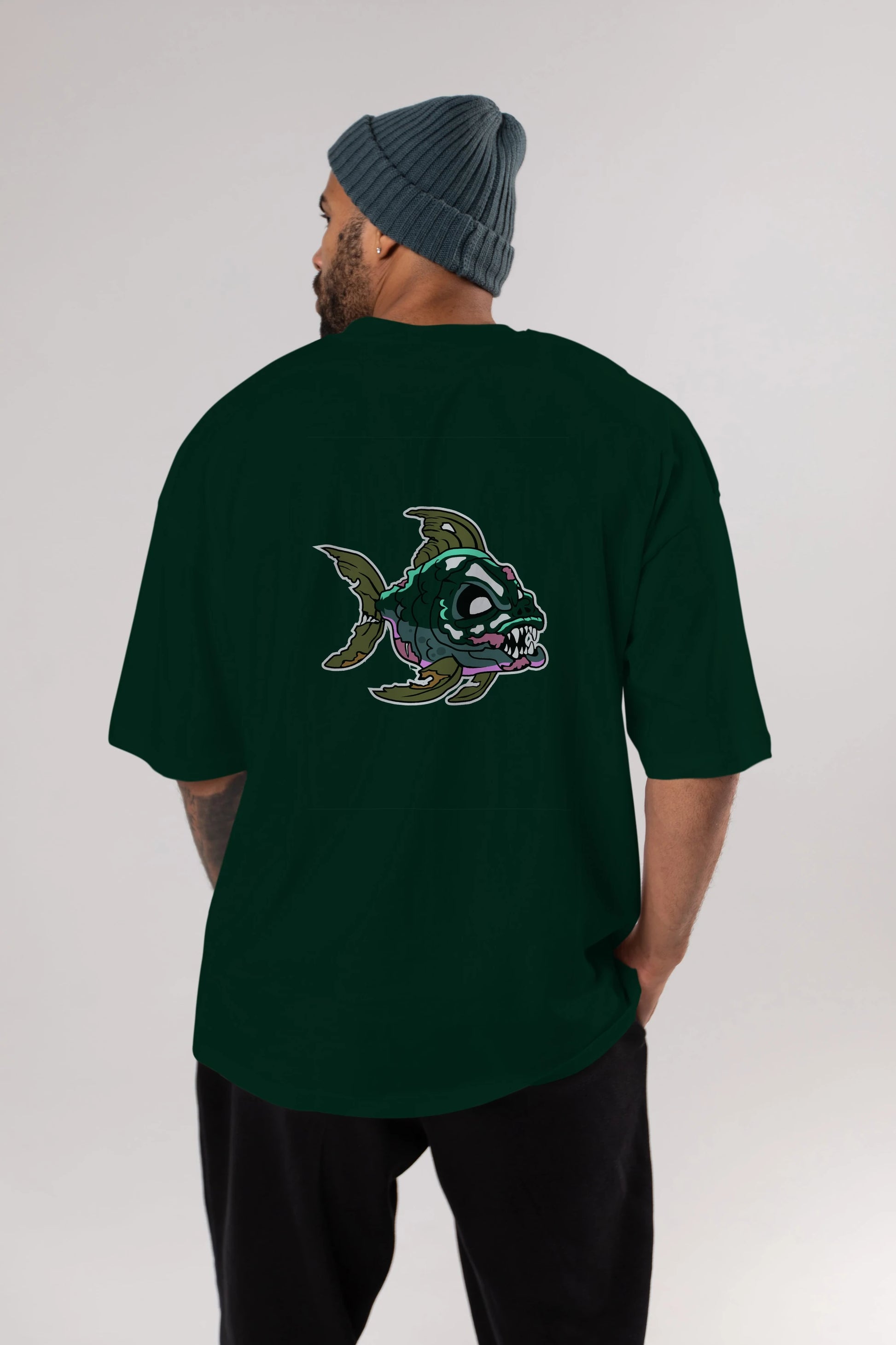 Fish Monster Arka Baskılı Oversize t-shirt Erkek Kadın Unisex %100 Pamuk tişort