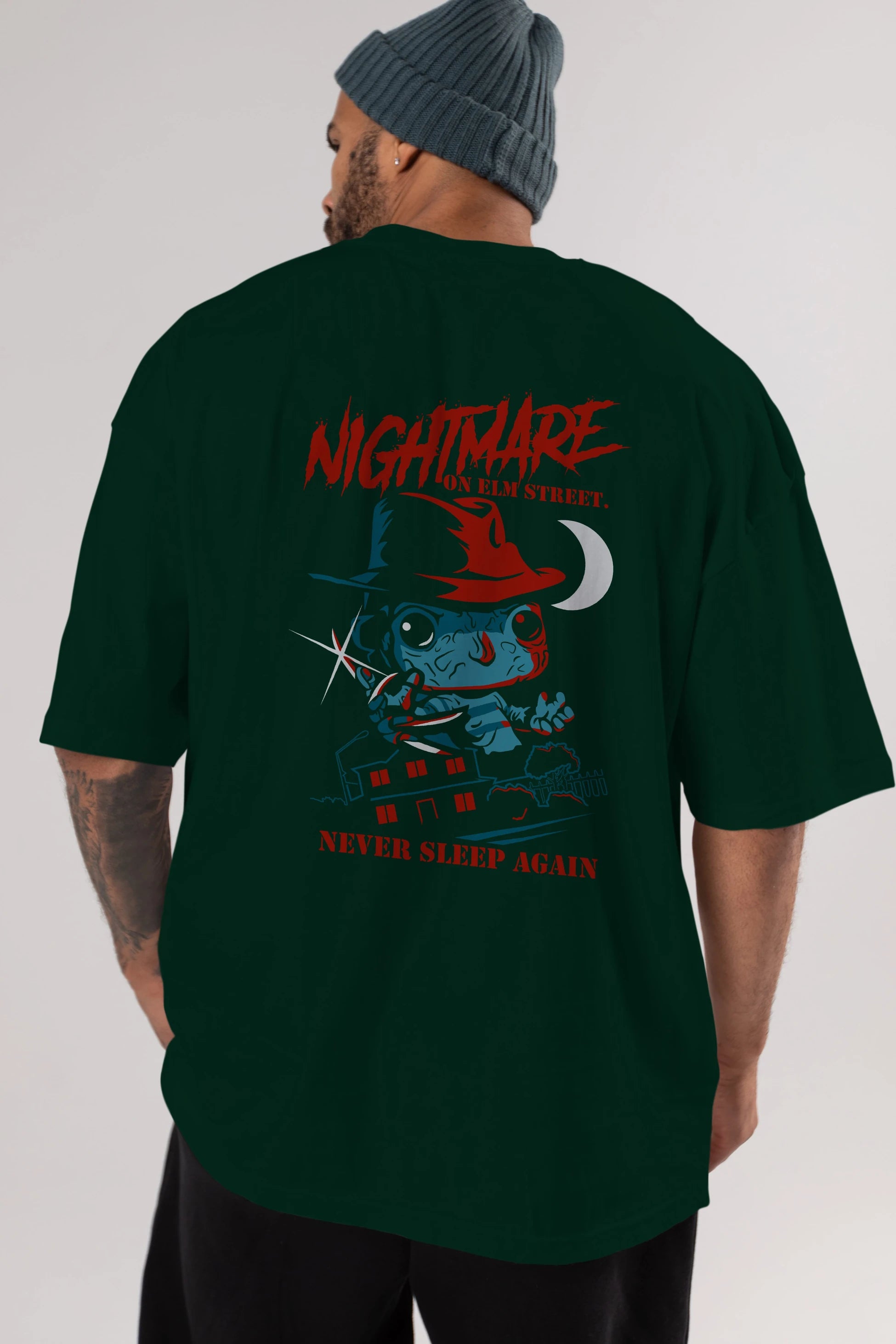 Nightmare Elm Sokağı Arka Baskılı Oversize t-shirt Erkek Kadın Unisex %100 Pamuk Bisiklet Yaka tişort