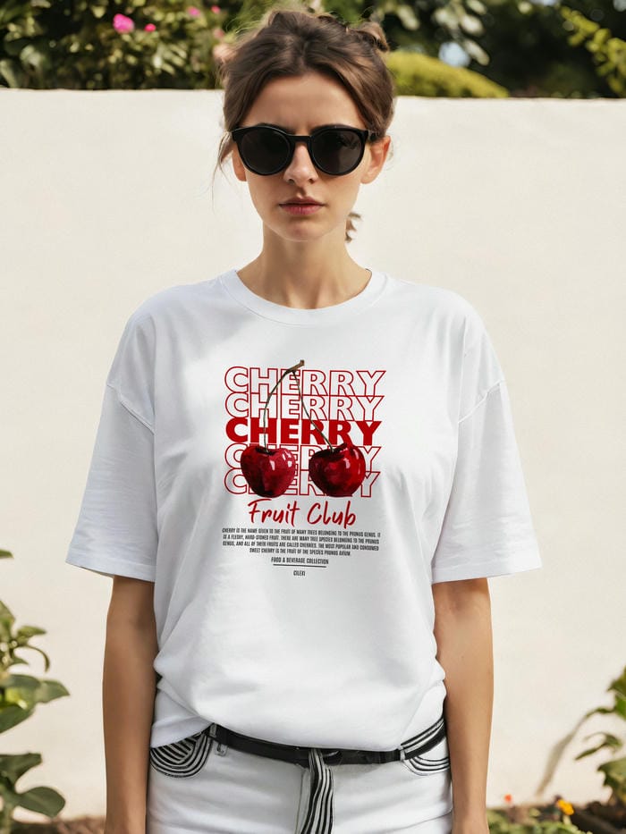 Cherry Ön Baskılı Oversize t-shirt Erkek Kadın Pamuk Bisiklet Yaka tişort