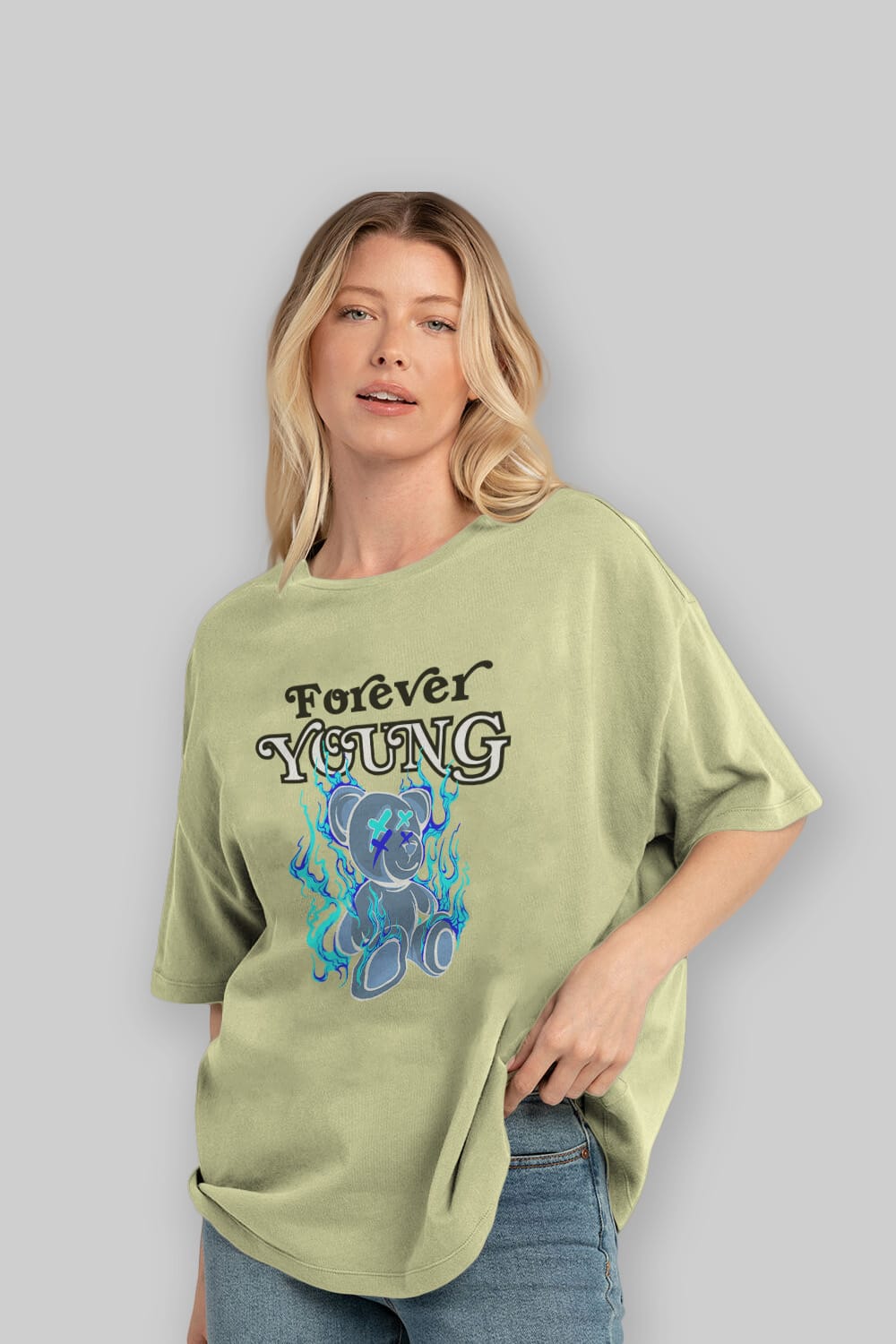 Forever Young Bear Ön Baskılı Oversize t-shirt Erkek Kadın Unisex