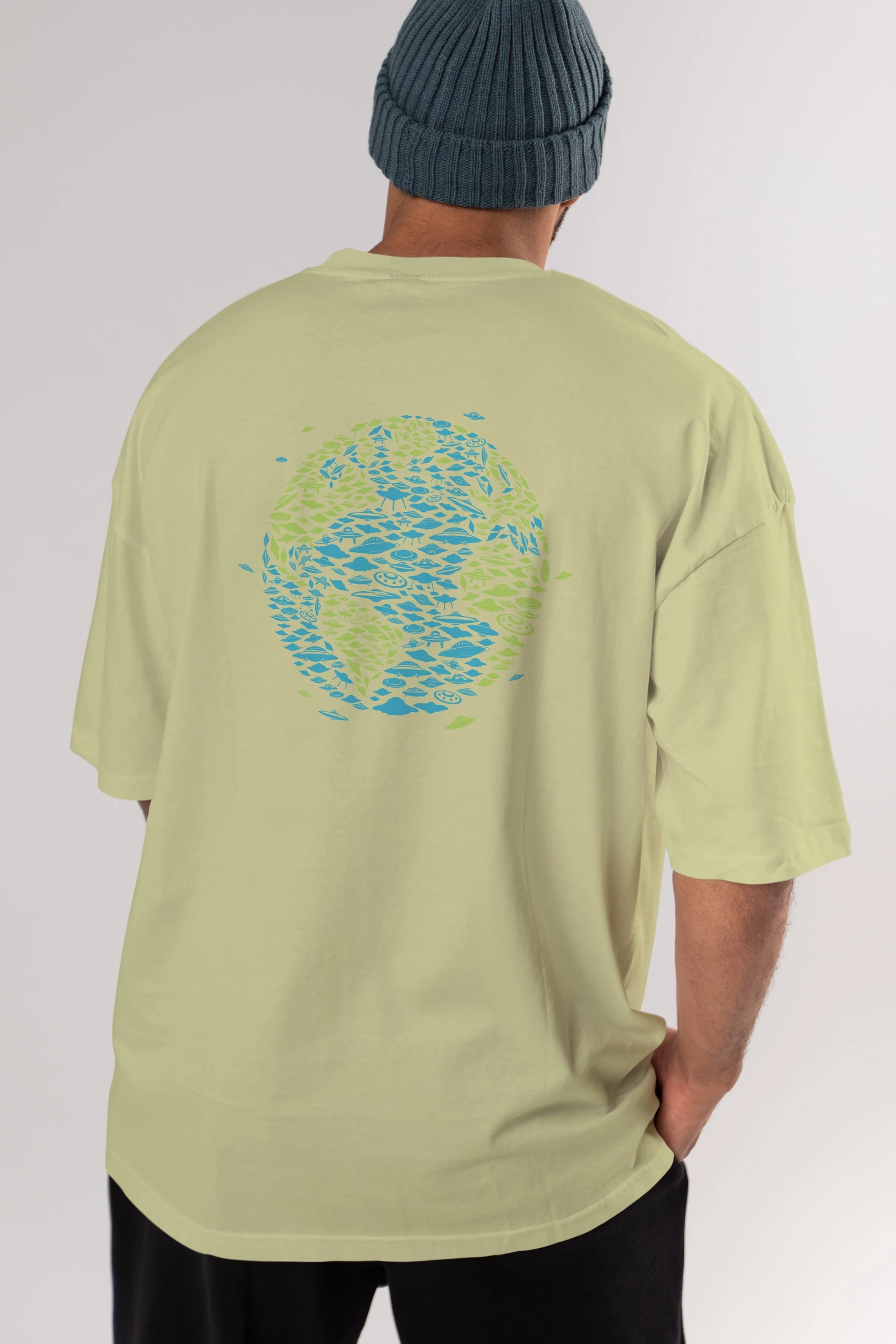 UFO Invasion Arka Baskılı Oversize t-shirt %100 pamuk Erkek Kadın Unisex