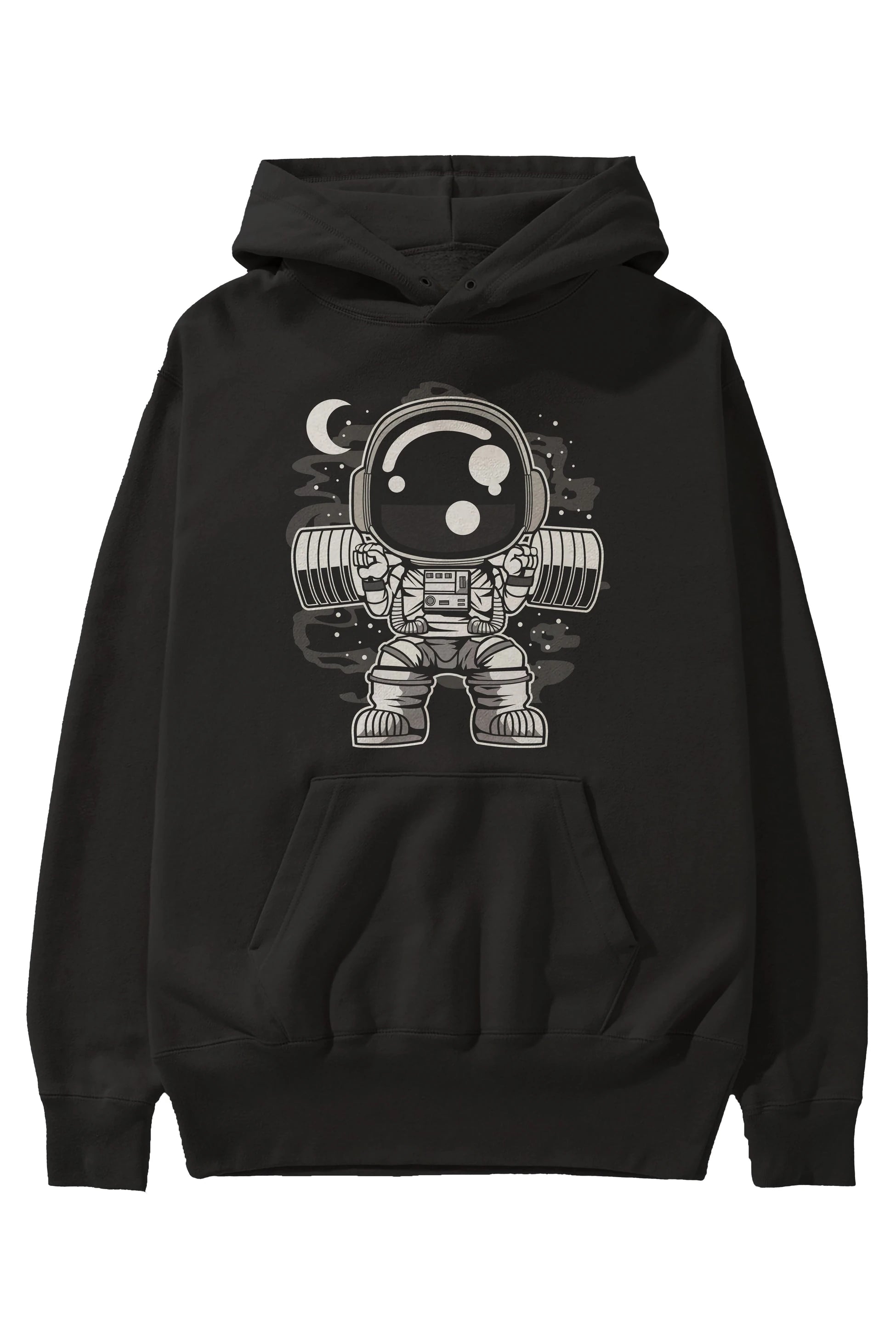 Astronaut Barbell Body Builder Ön Baskılı Hoodie Oversize Kapüşonlu Sweatshirt Erkek Kadın Unisex