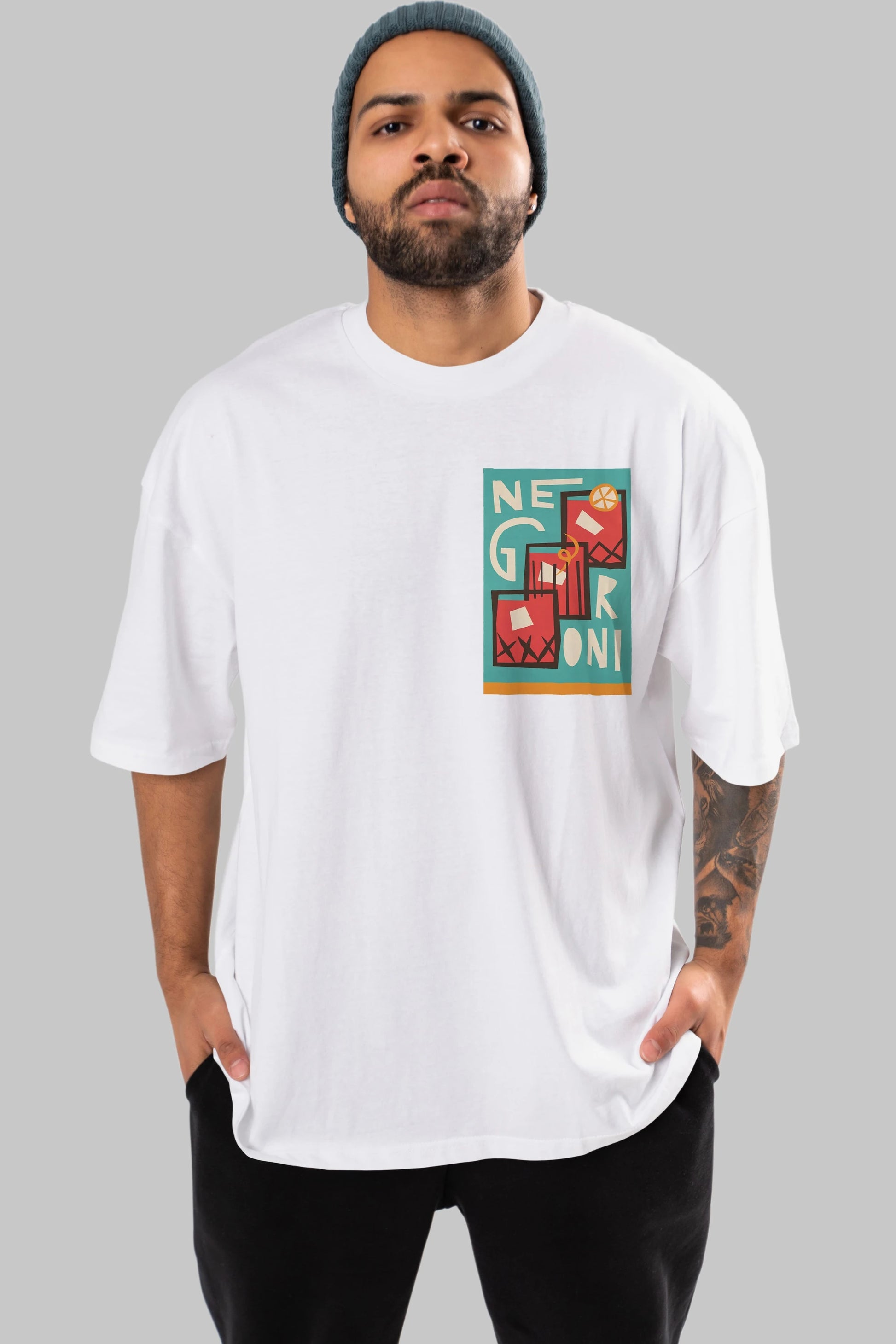 Negroni 3 Ön Sol Baskılı Oversize t-shirt Erkek Kadın Unisex %100 Pamuk Bisiklet Yaka tişort
