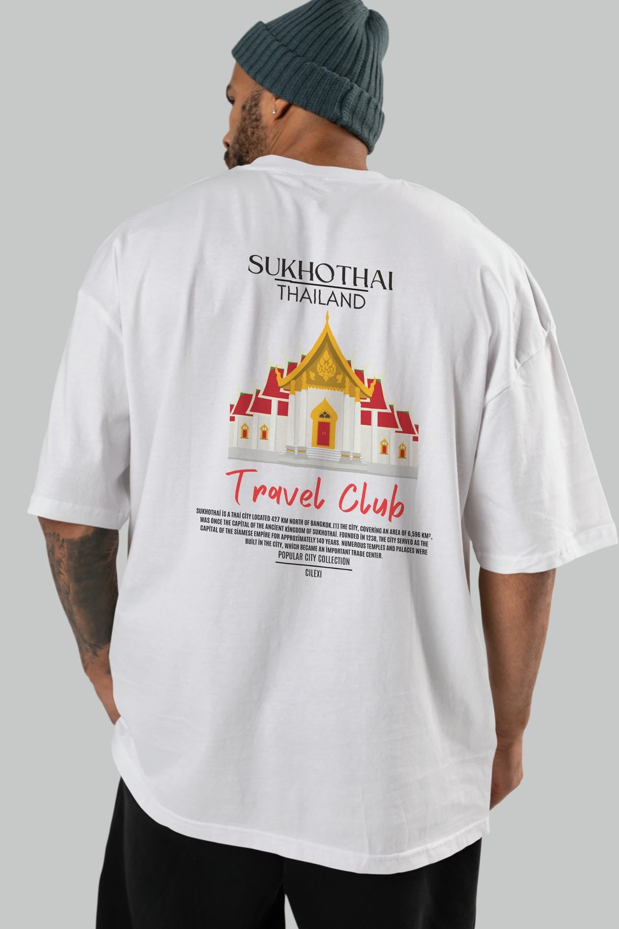 Sukhothai Thailand Arka Baskılı Oversize t-shirt Erkek Kadın Pamuk Bisiklet Yaka tişort