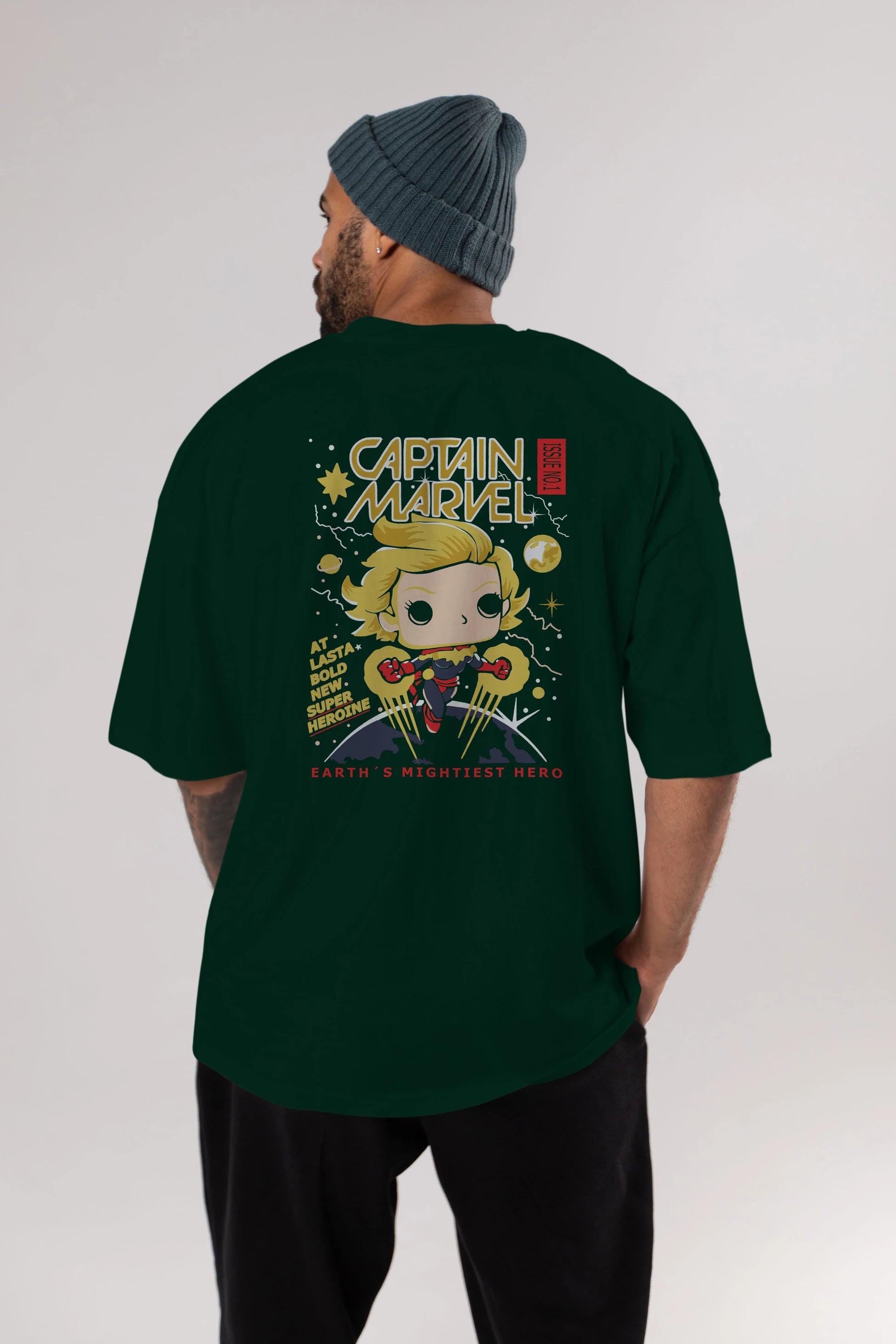 Captain Marvel Arka Baskılı Oversize t-shirt Erkek Kadın Unisex %100 Pamuk Bisiklet Yaka tişort