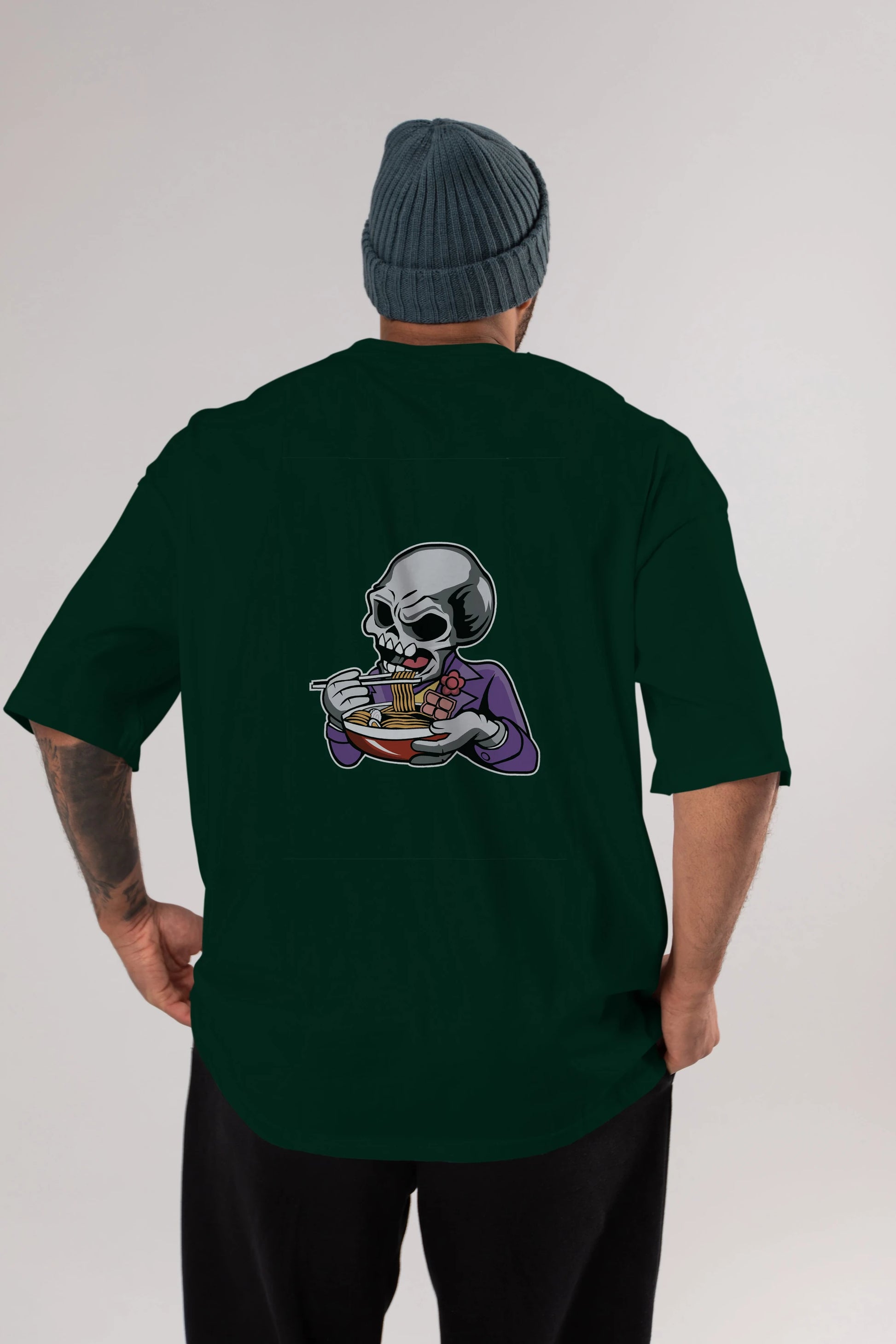 Skull Ramen Arka Baskılı Oversize t-shirt Erkek Kadın Unisex %100 Pamuk tişort