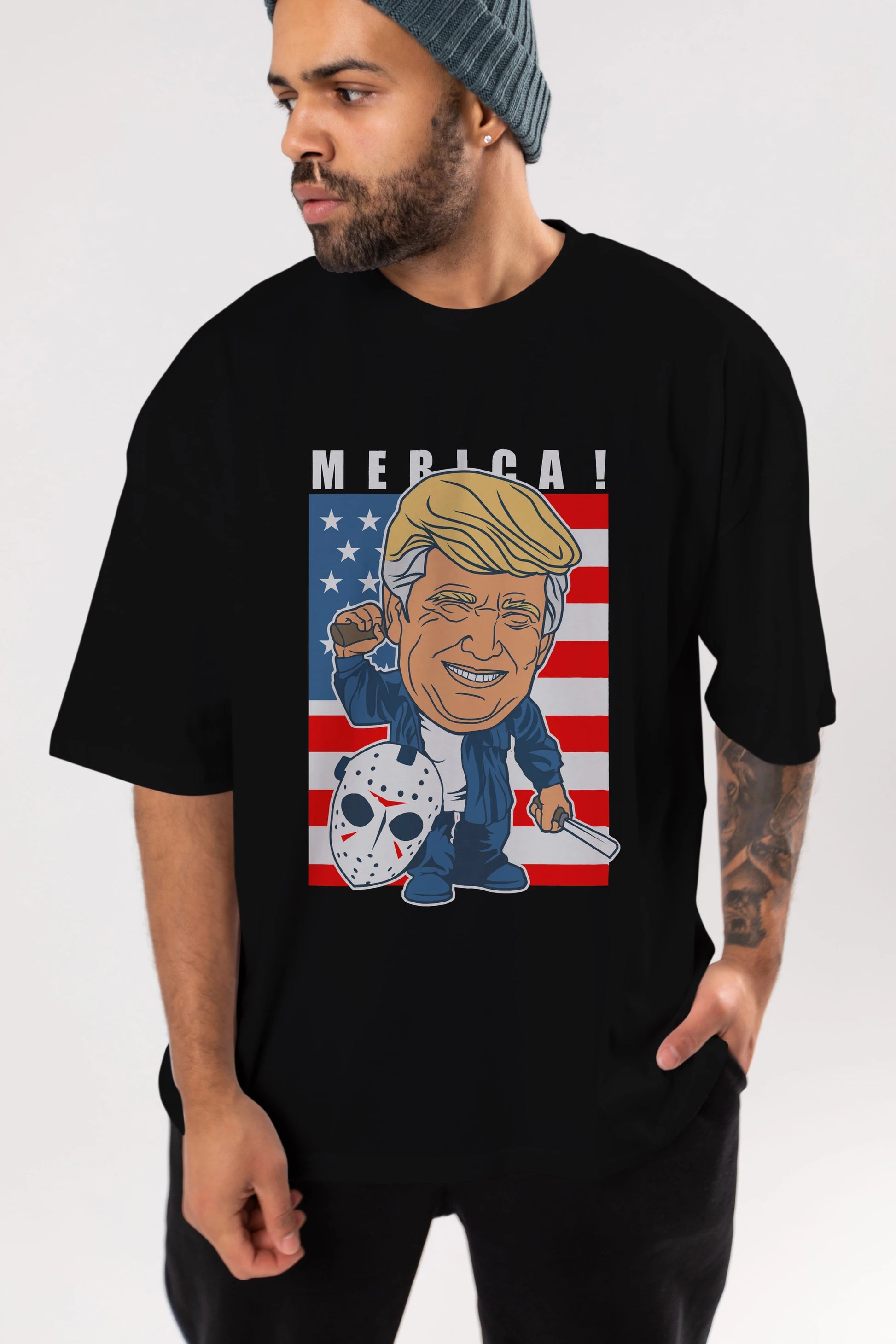 Jason Voorhess Trump Ön Baskılı Oversize t-shirt Erkek Kadın Unisex %100 Pamuk tişort