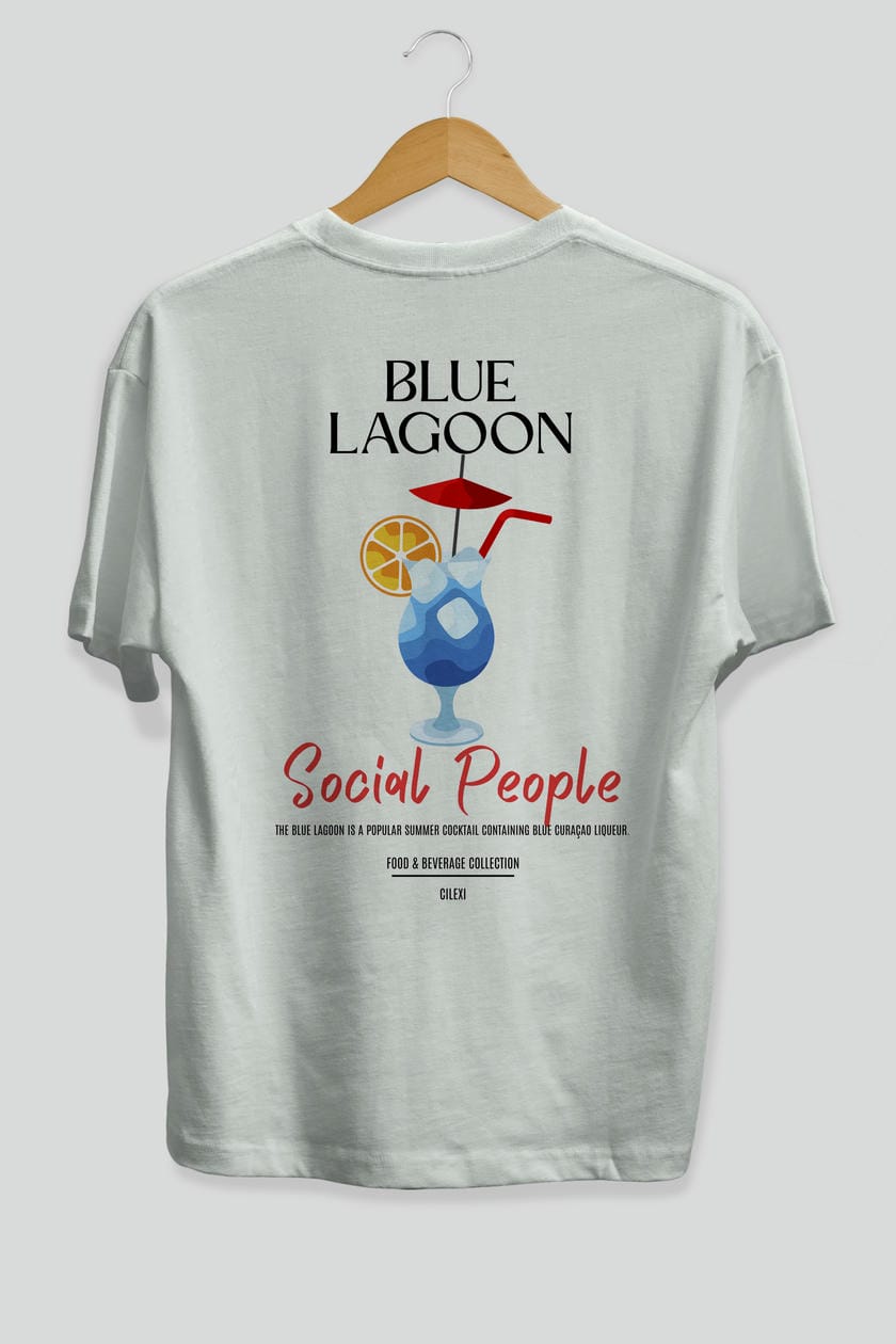 Blue Lagoon Kokteyl Serisi Baskılı Oversize t-shirt Erkek Kadın Unisex %100 Pamuk Bisiklet Yaka tişort