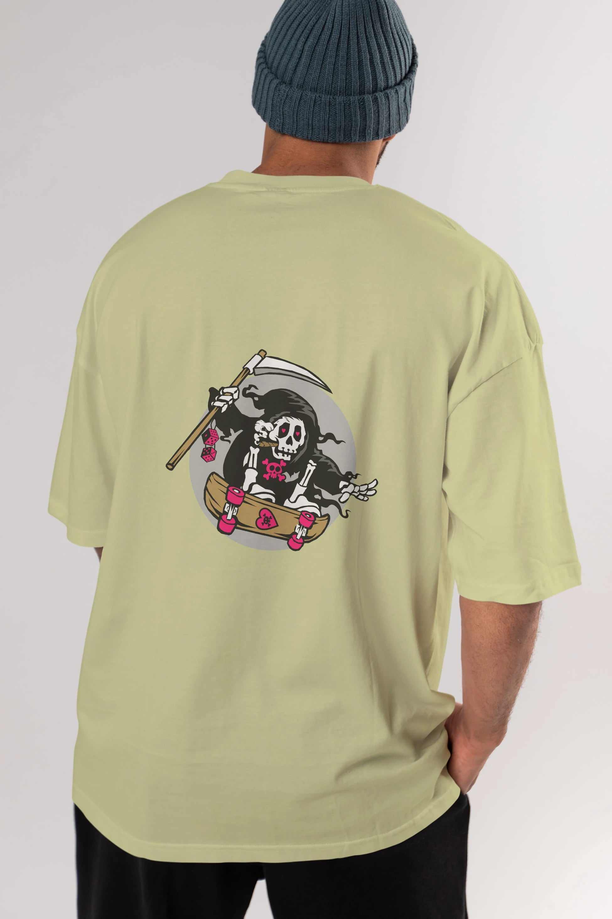 Grim Skater Arka Baskılı Oversize t-shirt Erkek Kadın Unisex %100 Pamuk tişort