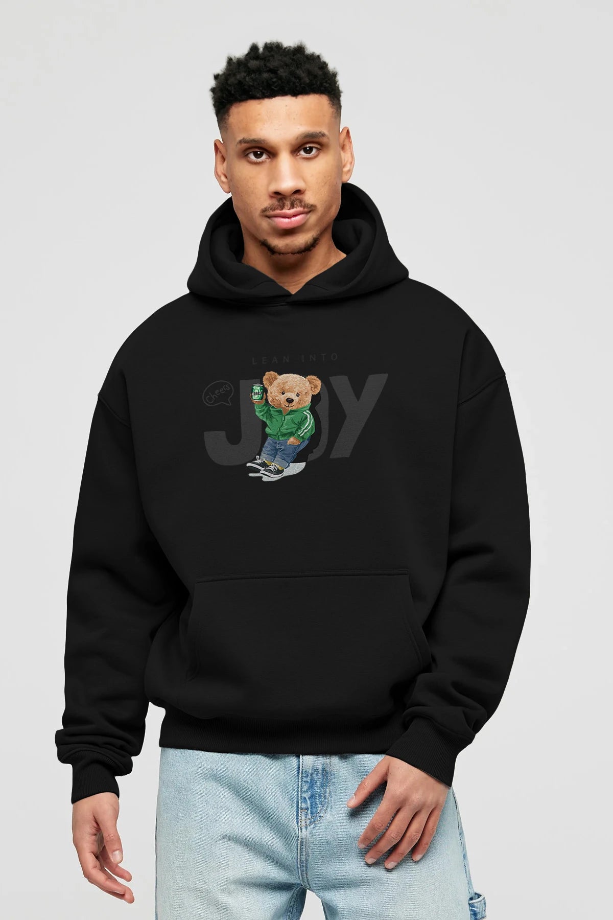 Teddy Bear Joy Ön Baskılı Hoodie Oversize Kapüşonlu Sweatshirt Erkek Kadın Unisex