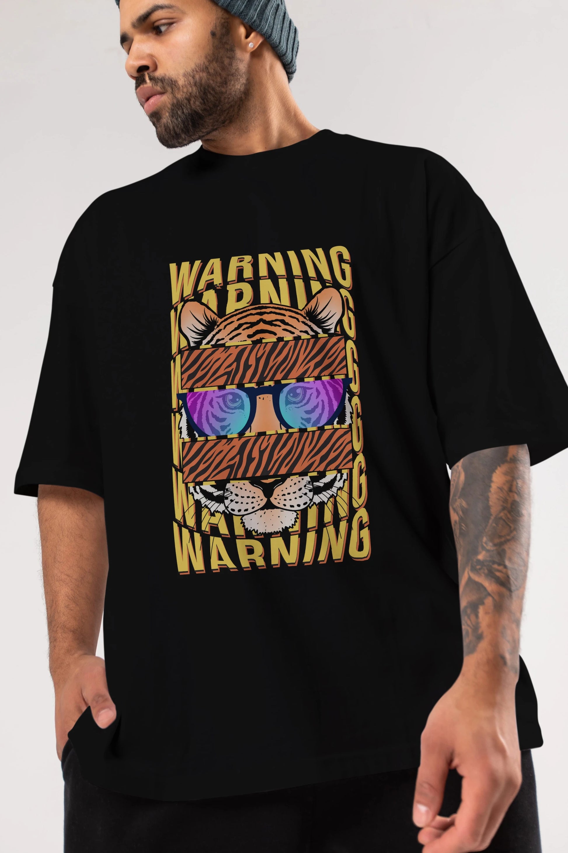 Warning Yazılı Ön Baskılı Oversize t-shirt Erkek Kadın Unisex