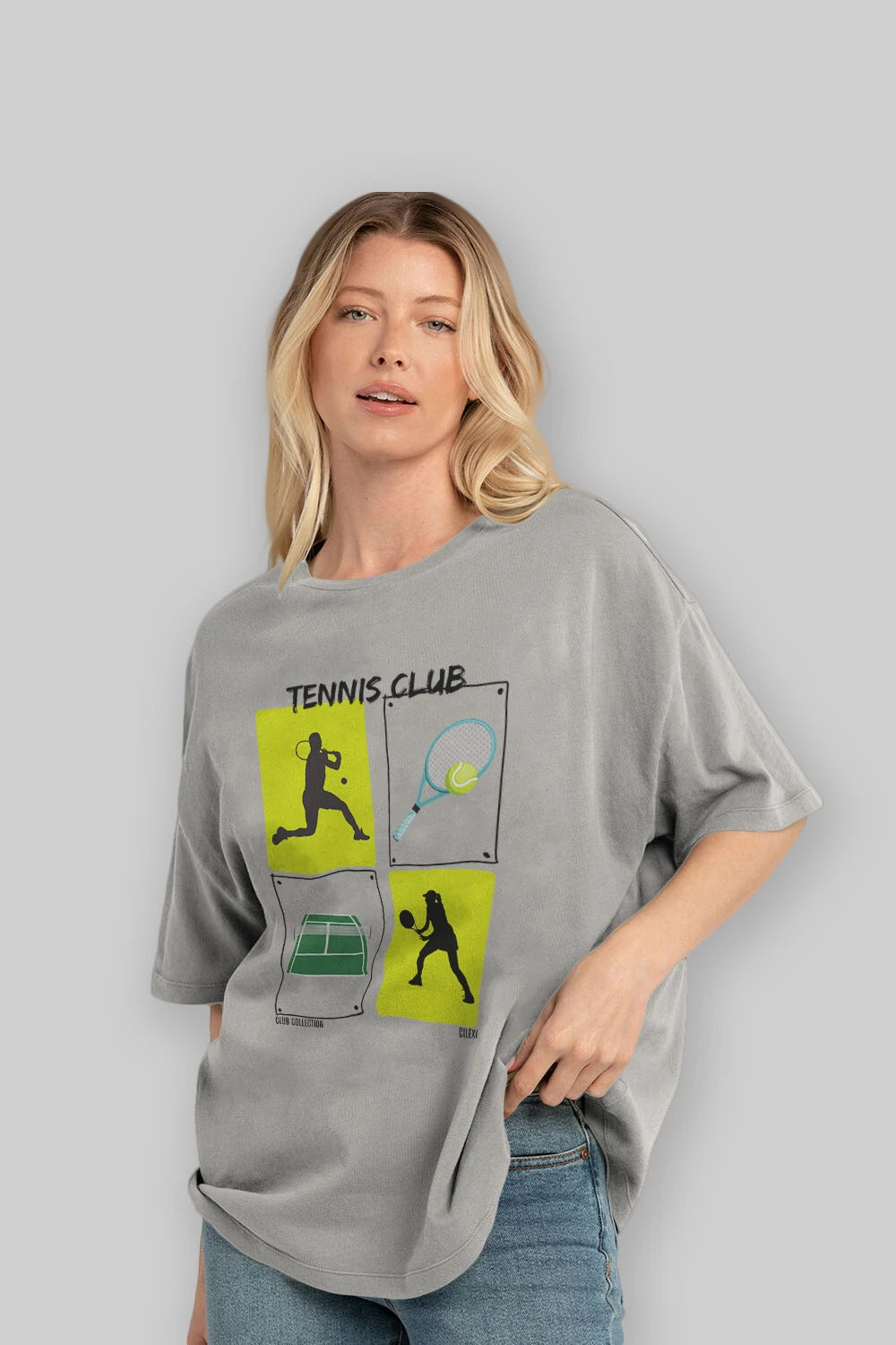 Tennis Club ön Baskılı Oversize t-shirt Erkek Kadın %100 Pamuk Bisiklet Yaka tişort