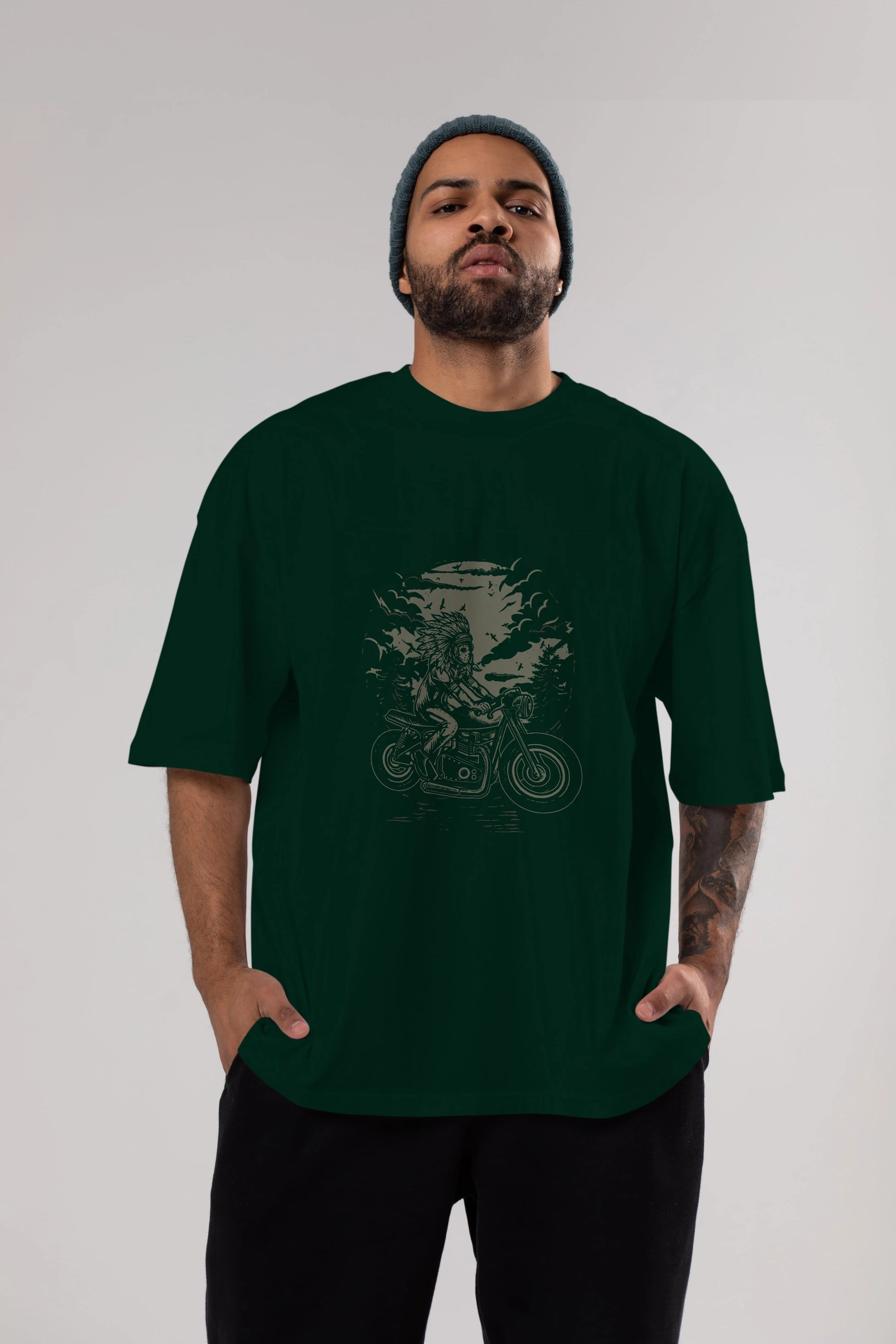Indian Chief Rider Ön Baskılı Oversize t-shirt Erkek Kadın Unisex %100 Pamuk tişort