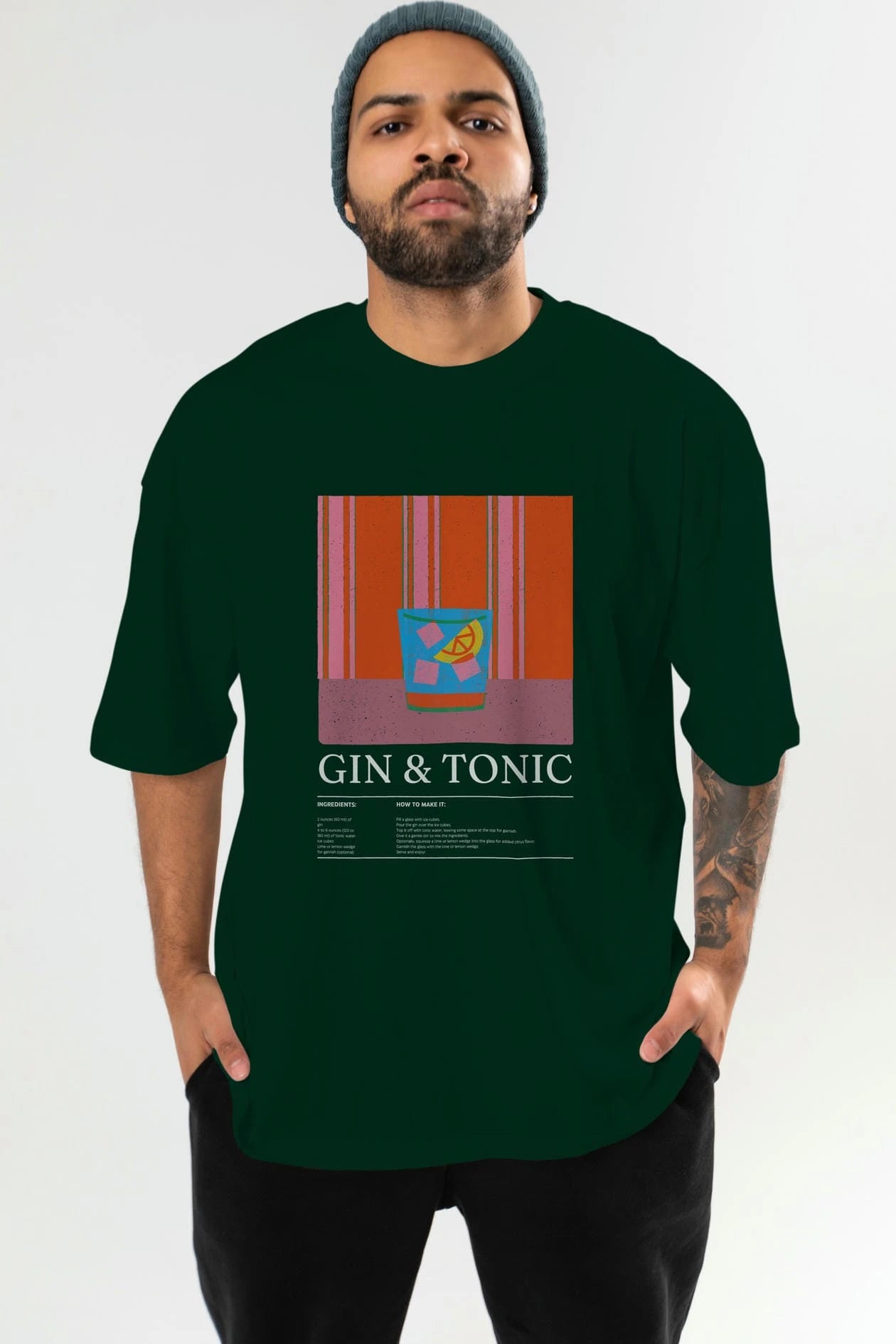 Gin tonic Kokteyl Ön Baskılı Oversize t-shirt Erkek Kadın %100 Pamuk Bisiklet Yaka tişort