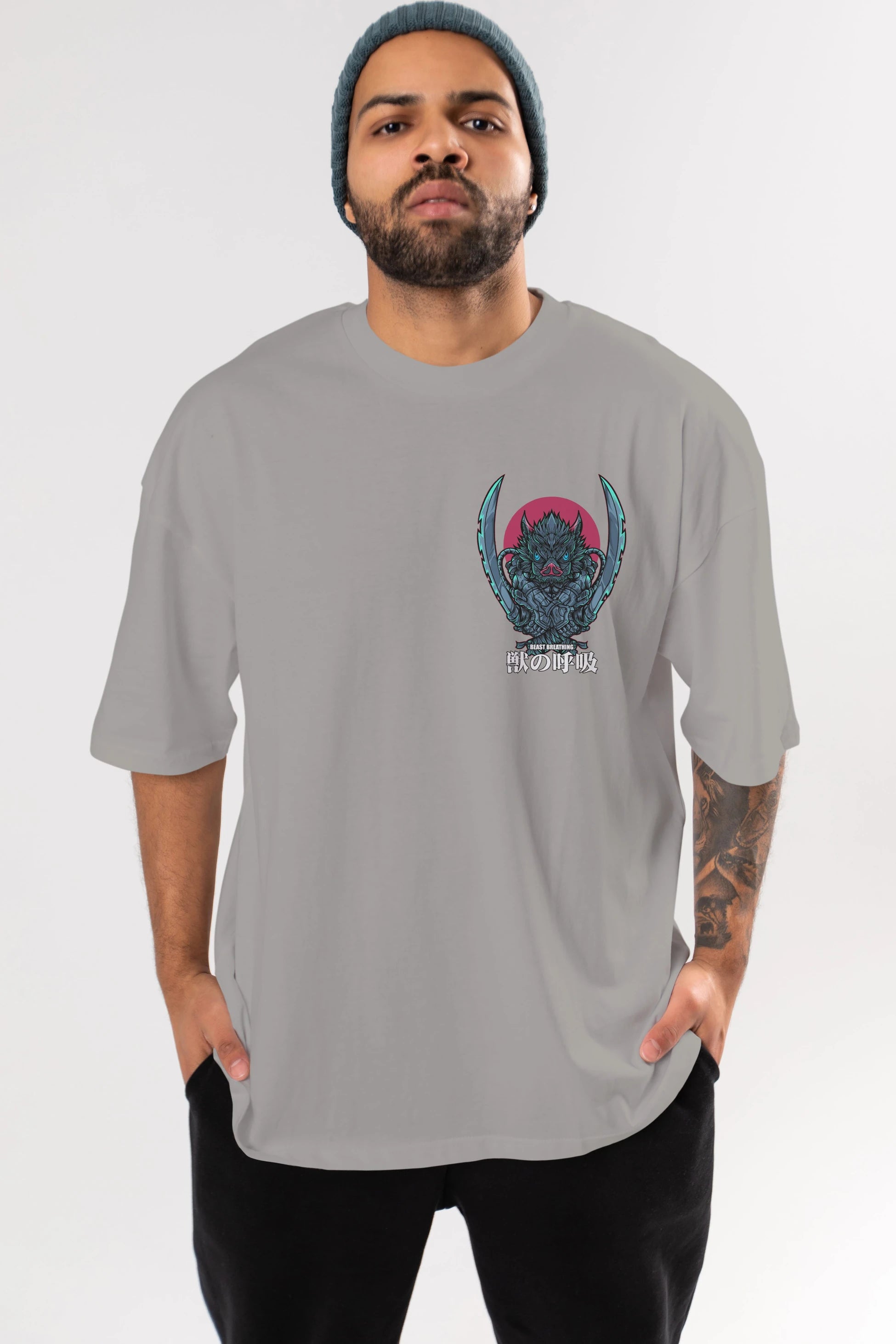 Inosuke DEMON SLAYER Ön Sol Baskılı Oversize t-shirt Erkek Kadın Unisex %100 Pamuk Bisiklet Yaka tişort