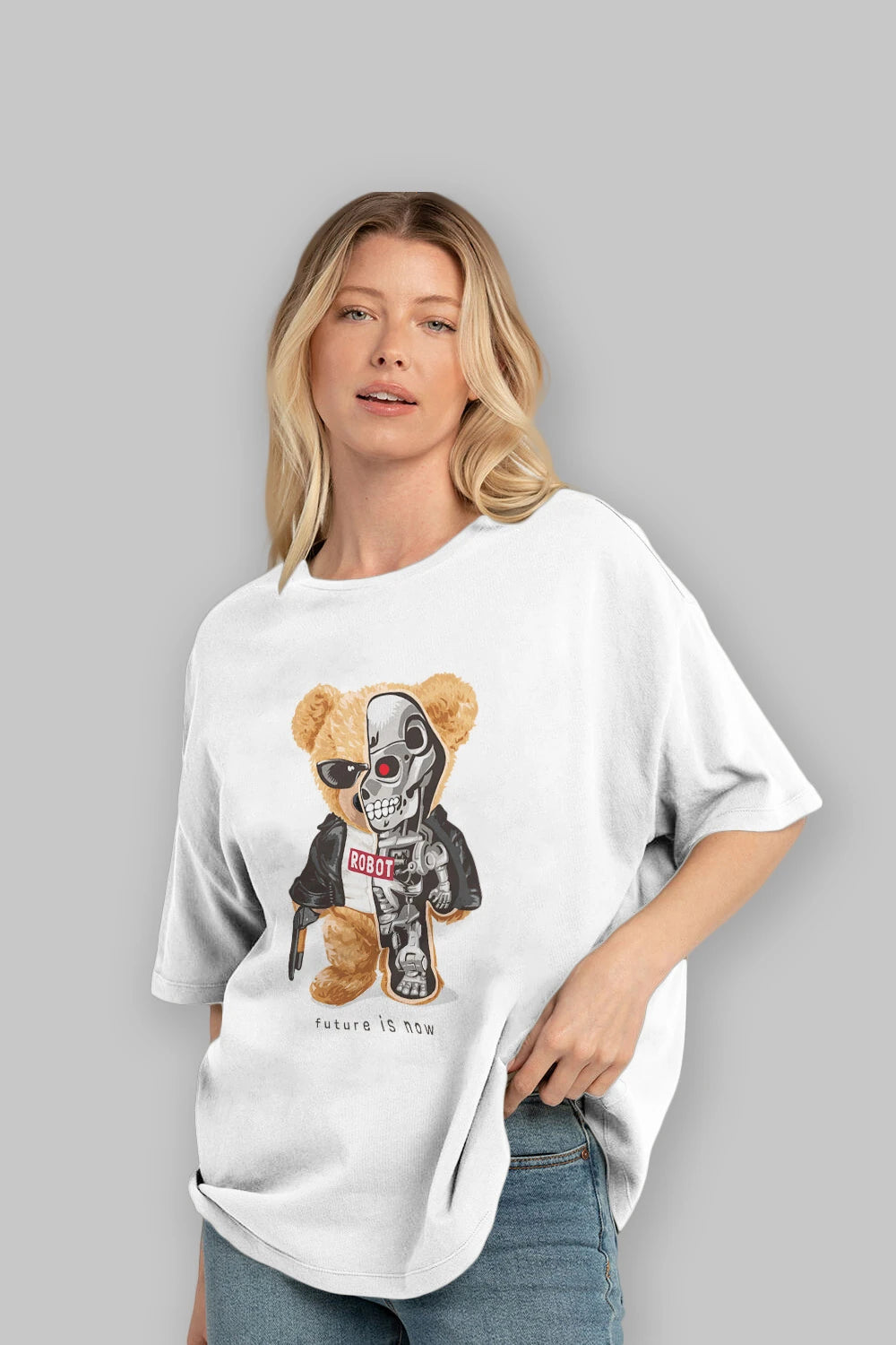 Teddy Bear Robot Ön Baskılı Oversize t-shirt Erkek Kadın Unisex %100 Pamuk