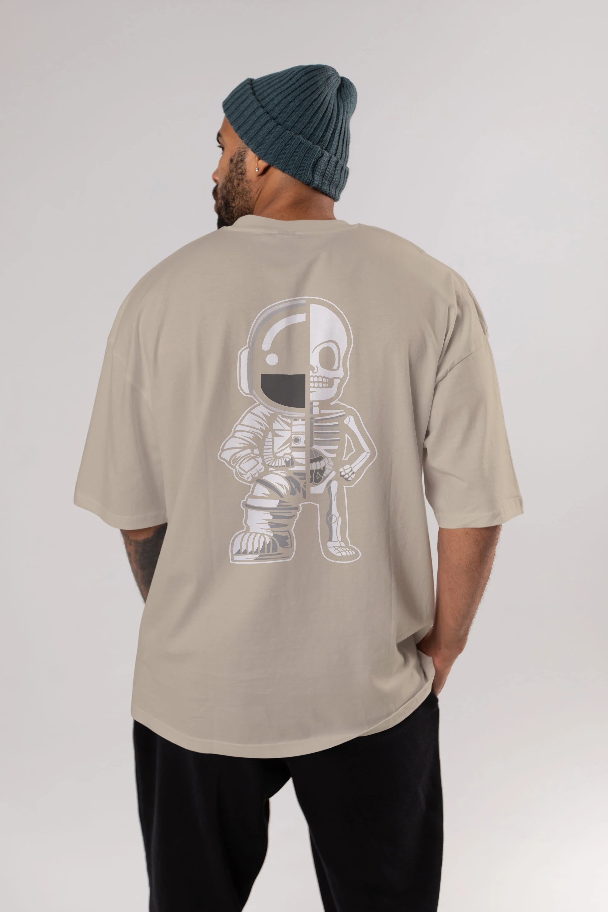 Astronaut Half Skeleton Arka Baskılı Oversize t-shirt Erkek Kadın Unisex