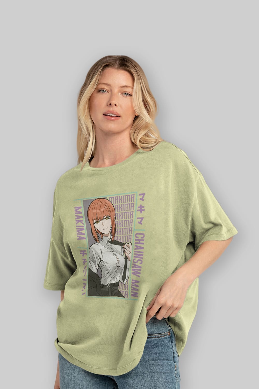 Makima Chain Saw Man Anime Ön Baskılı Oversize t-shirt %100 pamuk Erkek Kadın Unisex