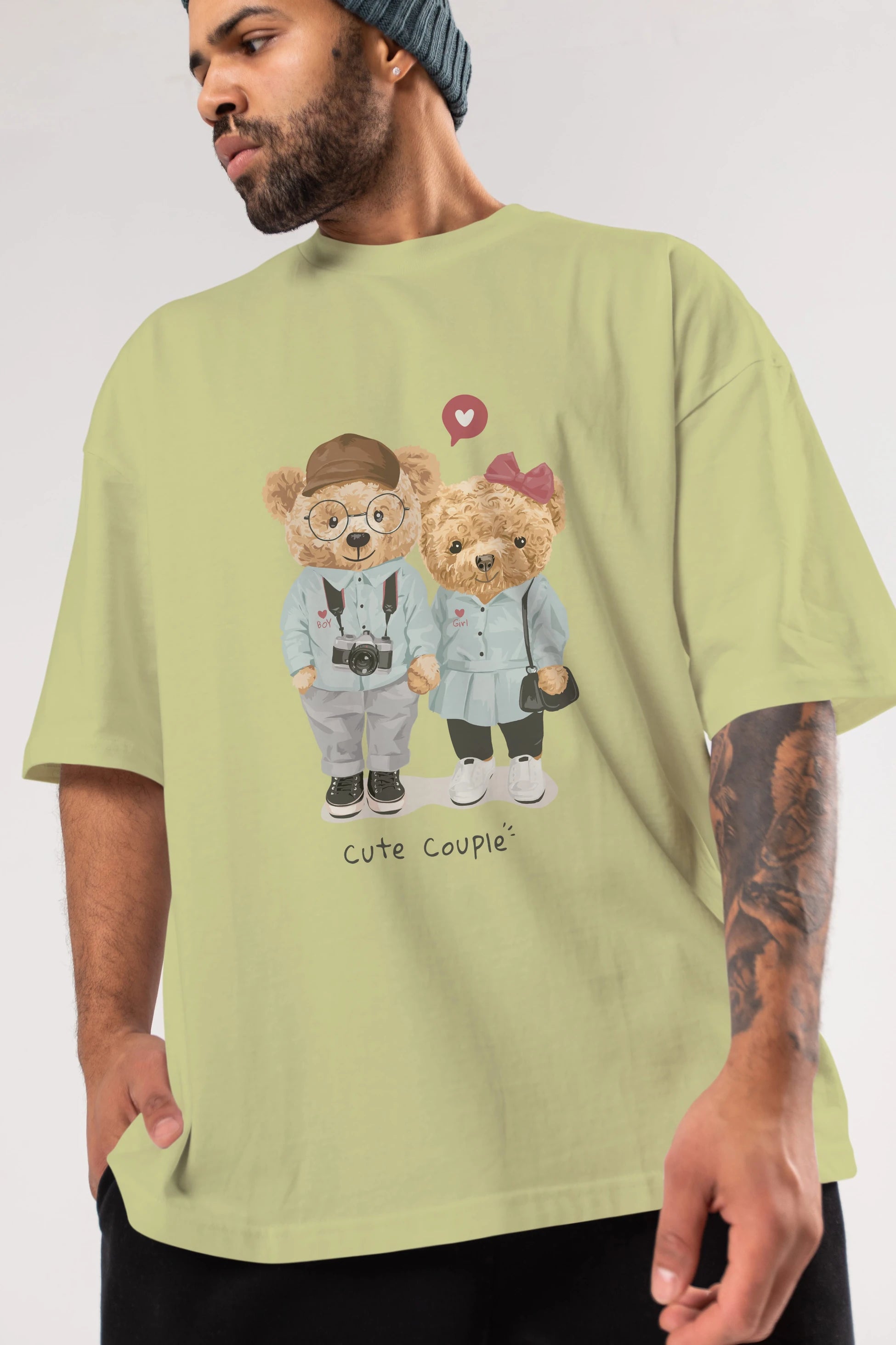Teddy Bear Cute Couple Ön Baskılı Oversize t-shirt Erkek Kadın Unisex %100 Pamuk