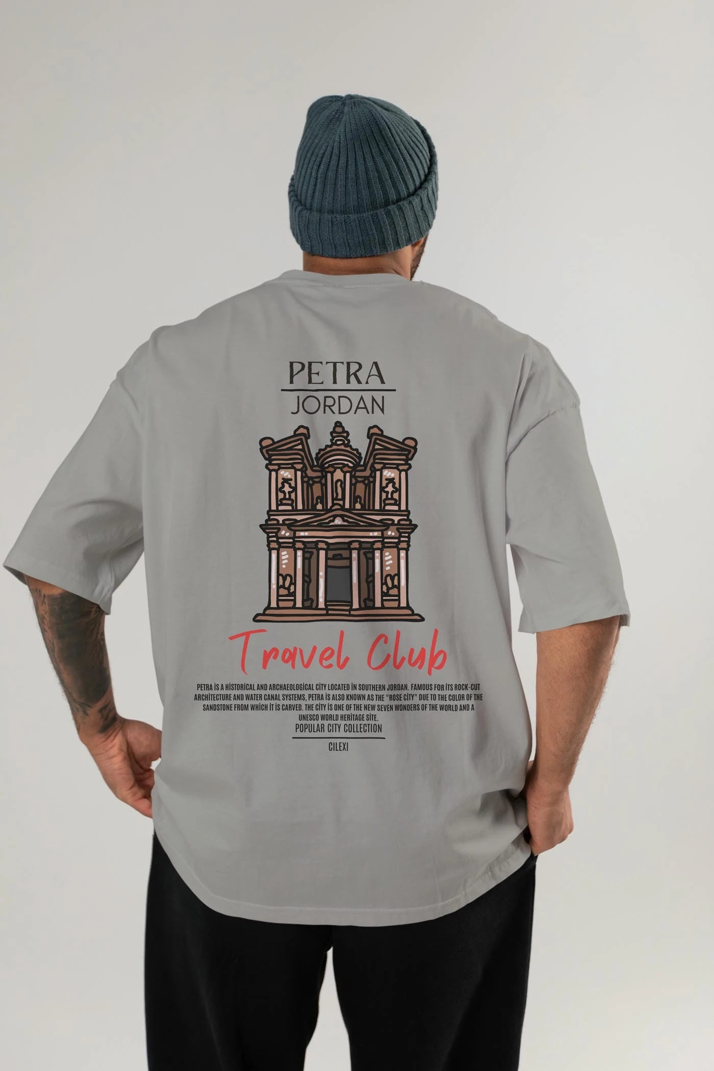 Petra Jordan Arka Baskılı Oversize t-shirt Erkek Kadın Pamuk Bisiklet Yaka tişort