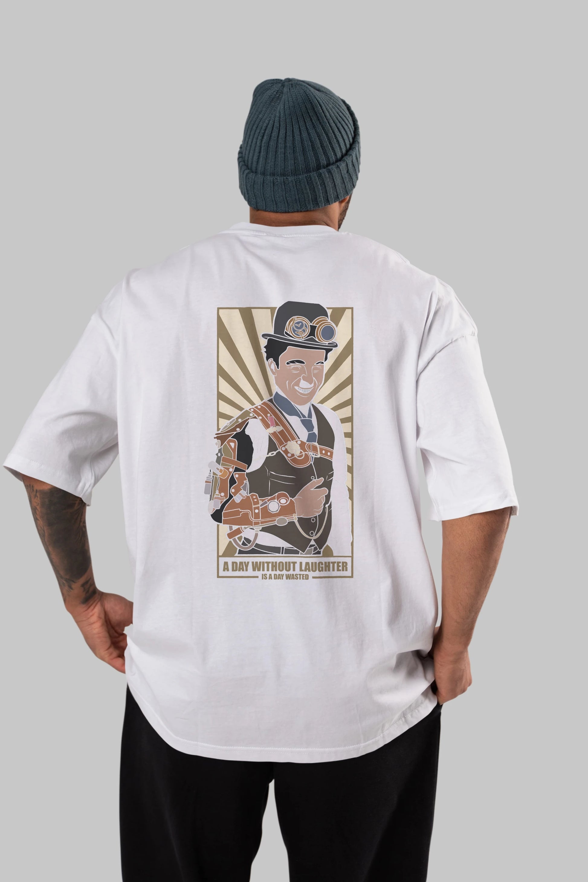 Steampunk Chaplin Arka Baskılı Oversize t-shirt Erkek Kadın Unisex %100 Pamuk tişort