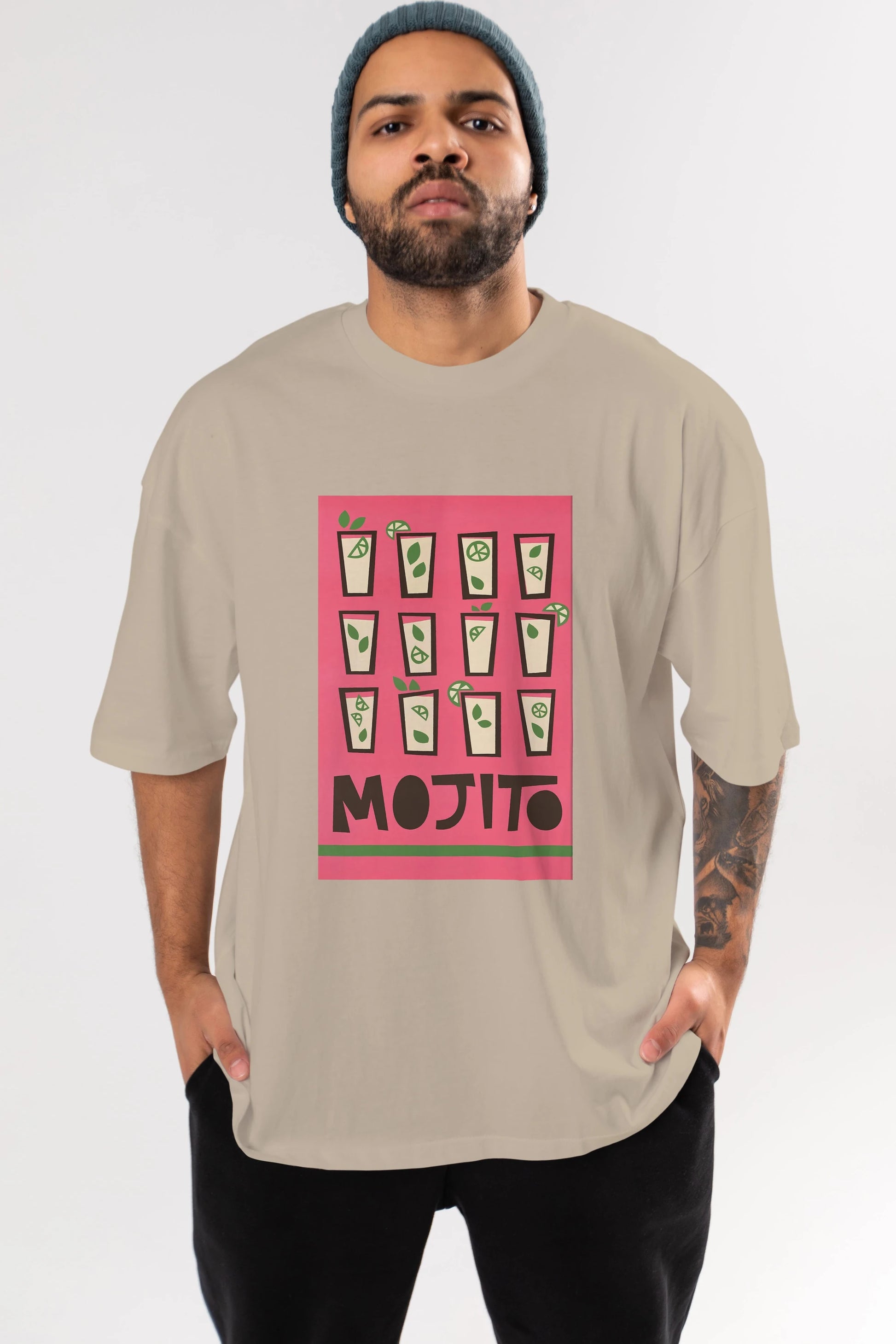 Mojito Ön Baskılı Oversize t-shirt Erkek Kadın Unisex %100 Pamuk Bisiklet Yaka tişort