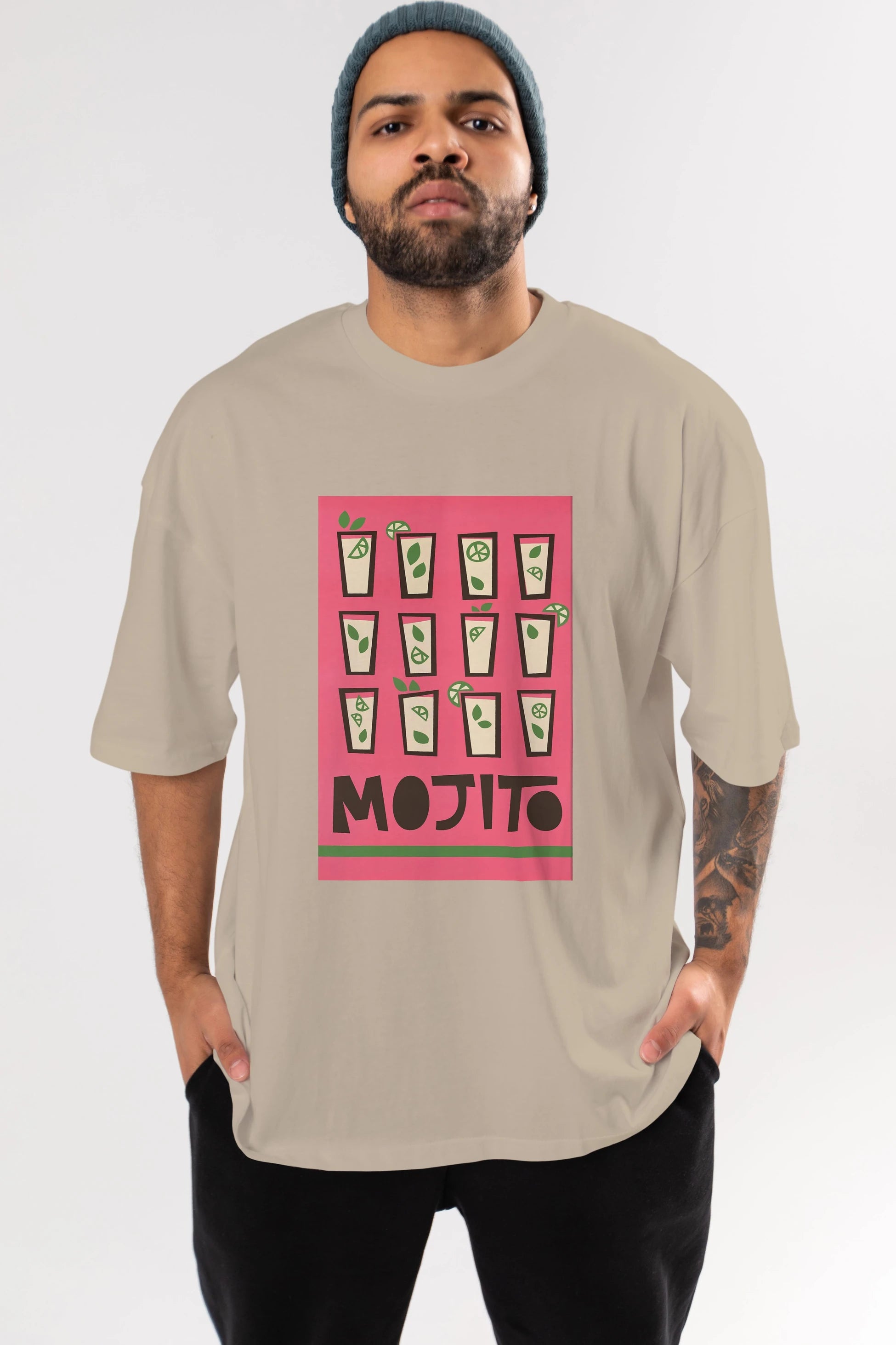 Mojito Ön Baskılı Oversize t-shirt Erkek Kadın Unisex %100 Pamuk Bisiklet Yaka tişort