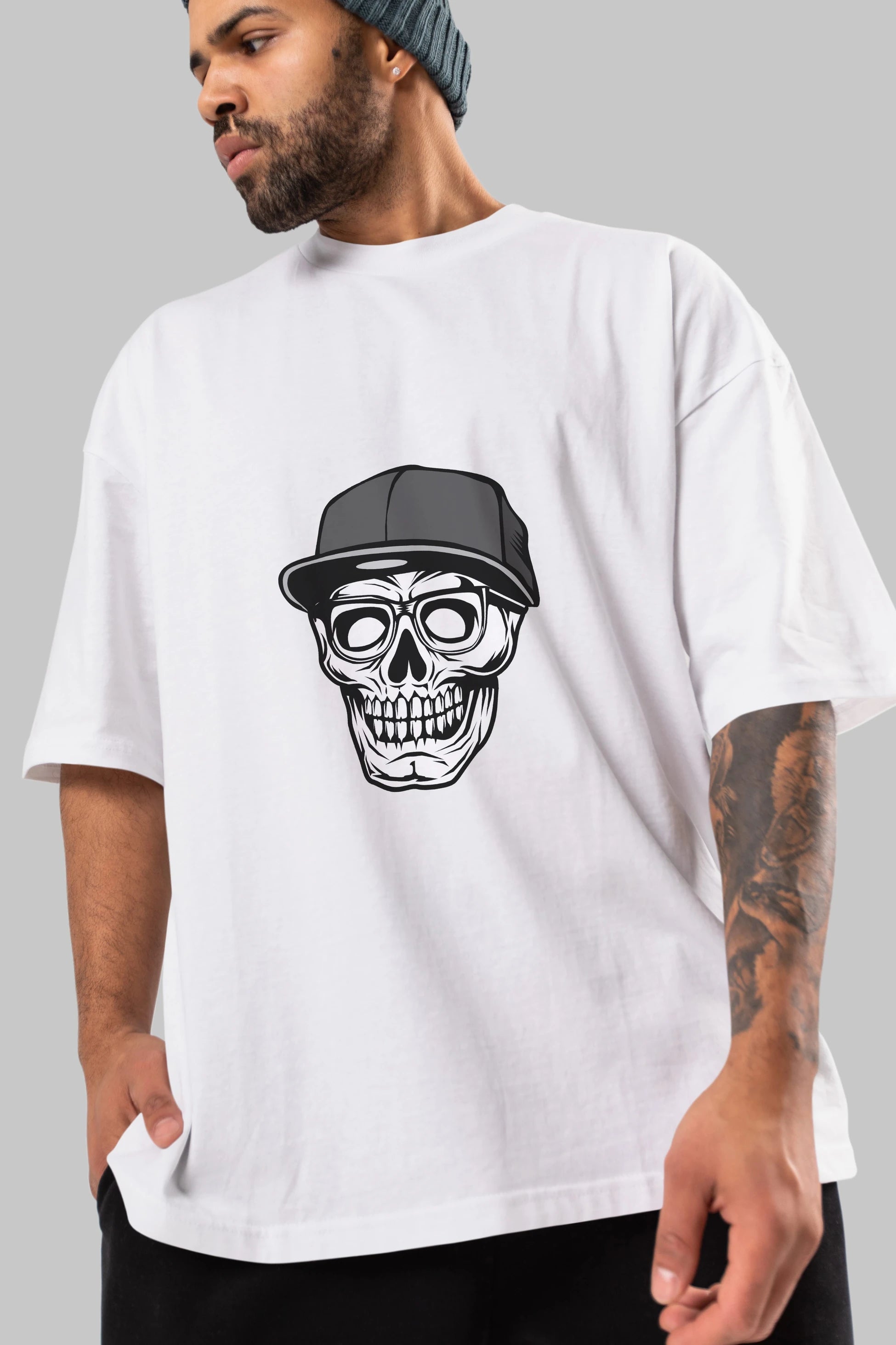 Skull With Hat Ön Baskılı Oversize t-shirt Erkek Kadın Unisex %100 Pamuk tişort