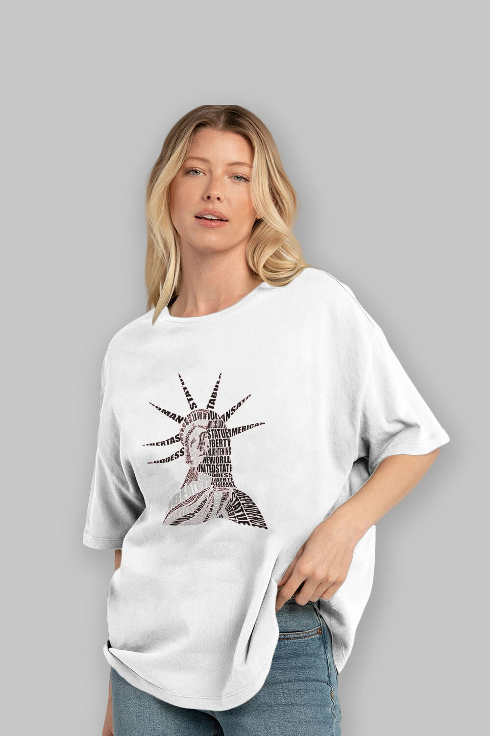 Liberty Statue Calligram Ön Baskılı Oversize t-shirt %100 pamuk Erkek Kadın Unisex