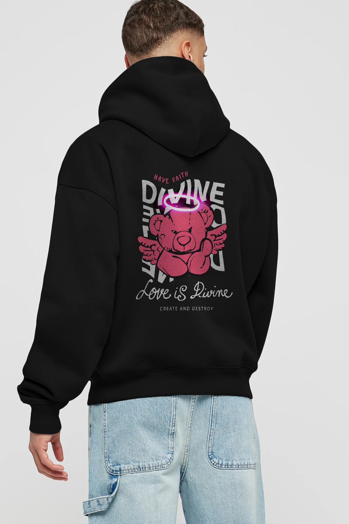 Love is Divine Bear Arka Baskılı Hoodie Oversize Kapüşonlu Sweatshirt Erkek Kadın Unisex