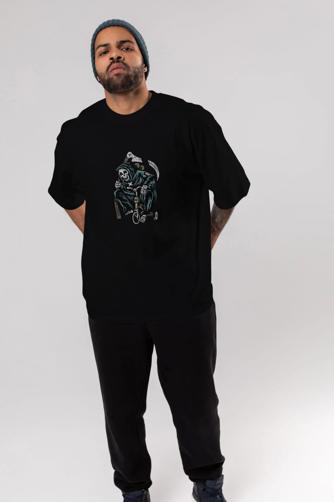 Grim Reaper Bicycle Ön Baskılı Oversize t-shirt Erkek Kadın Unisex %100 Pamuk tişort