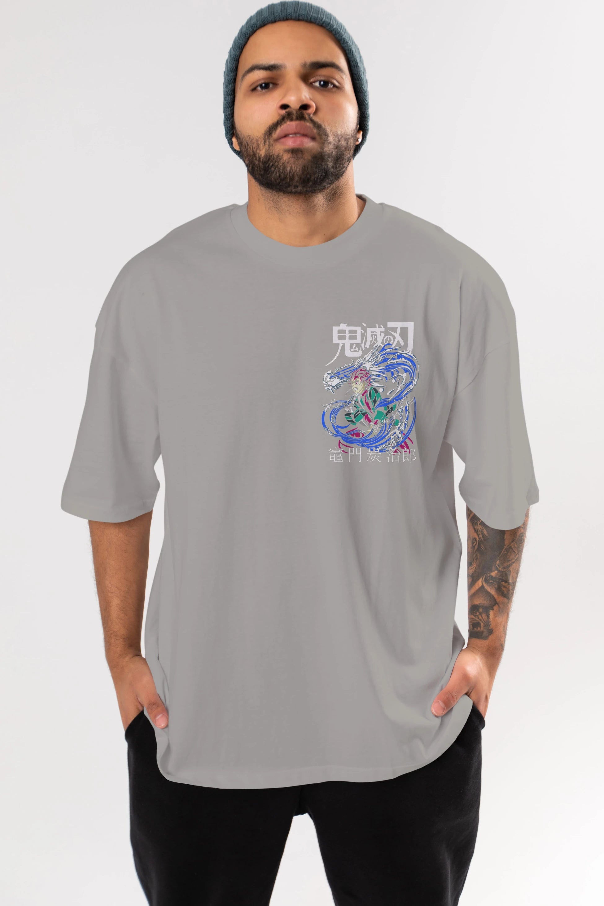 TANJIRO KAMADO 2 Ön Sol Baskılı Oversize t-shirt Erkek Kadın Unisex %100 Pamuk Bisiklet Yaka tişort