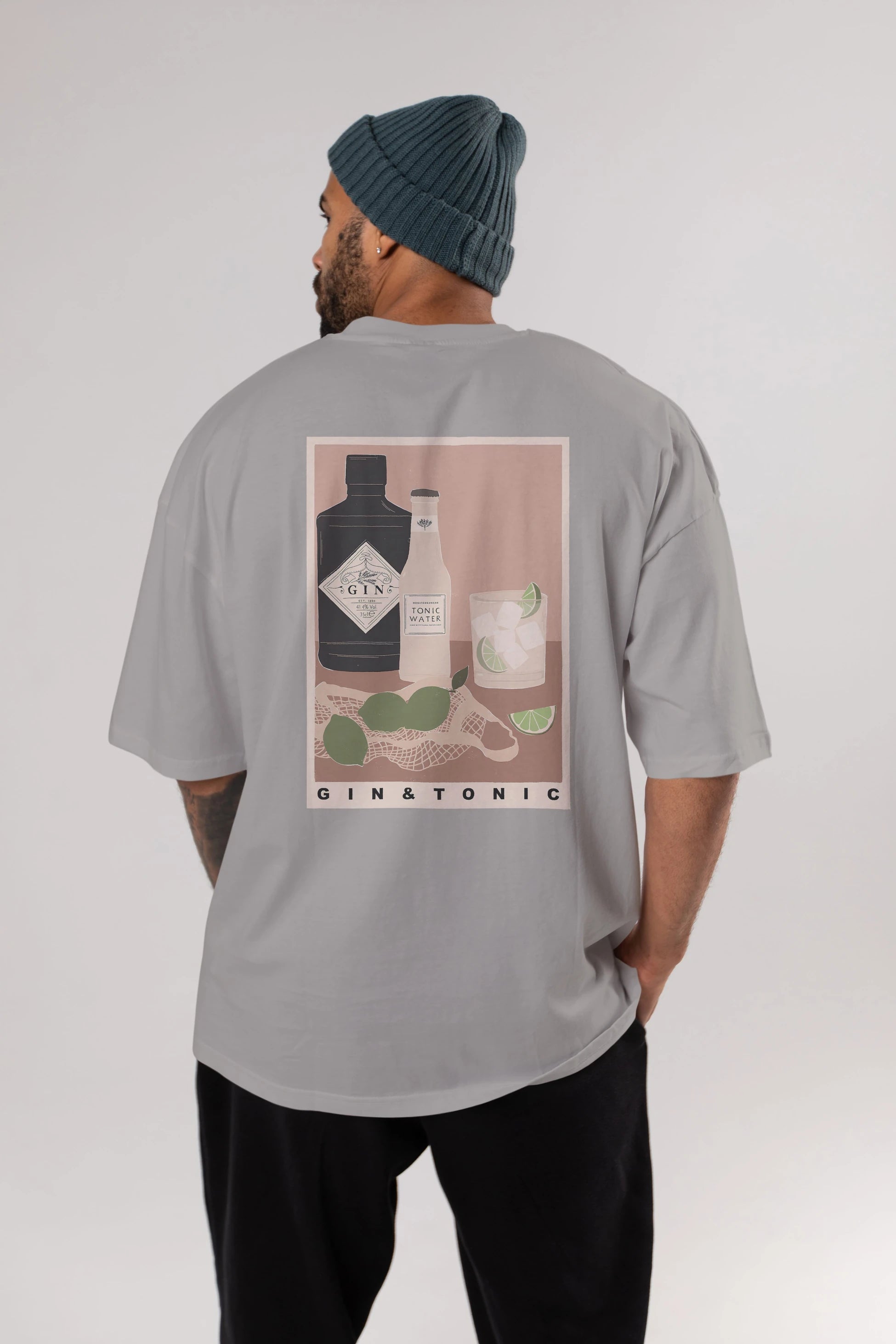 Gin Tonic Arka Baskılı Oversize t-shirt Erkek Kadın Unisex %100 Pamuk Bisiklet Yaka tişort