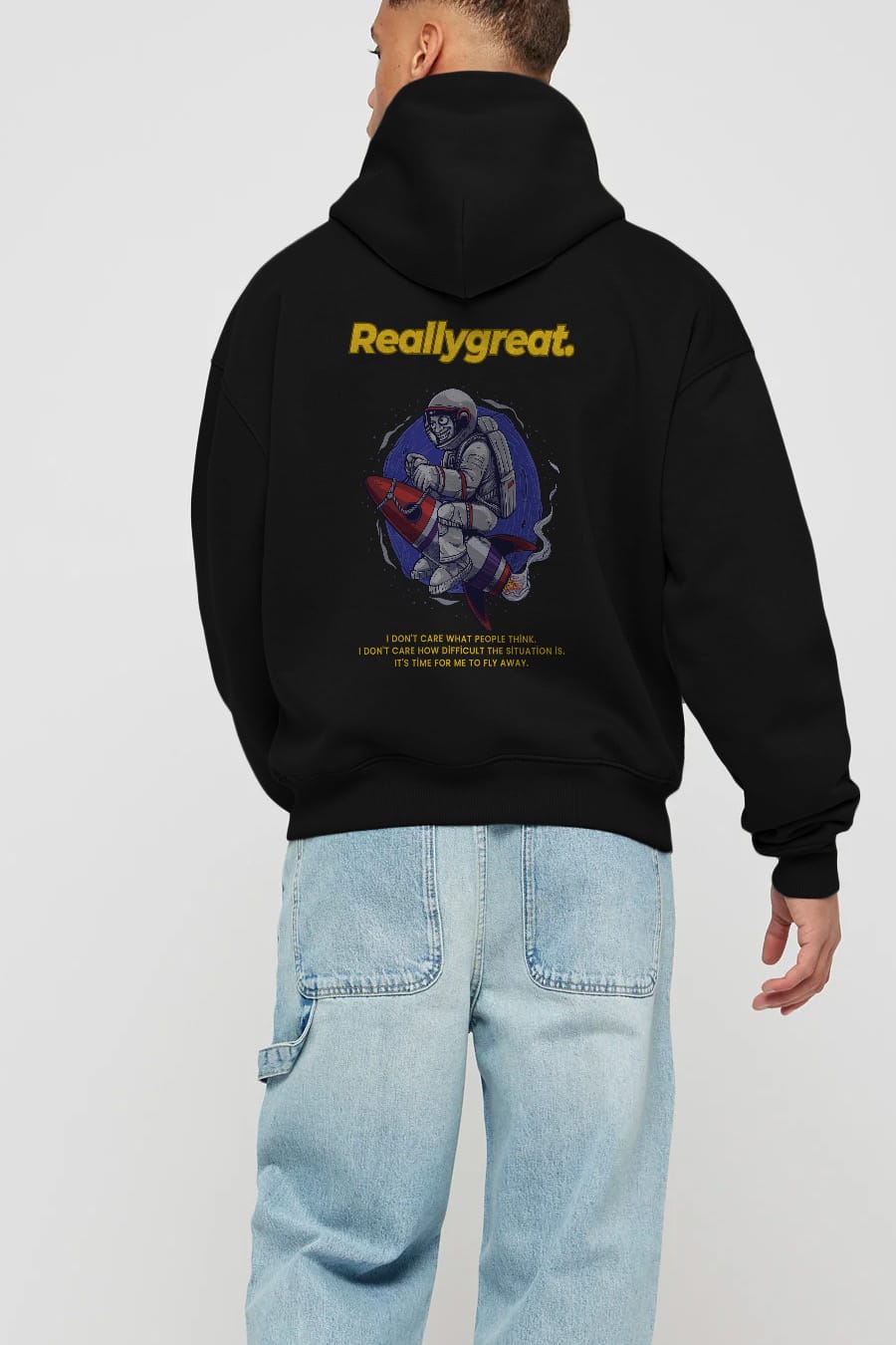 Reallygreat Astronaut Arka Baskılı Oversize Hoodie Kapüşonlu Sweatshirt Erkek Kadın Unisex