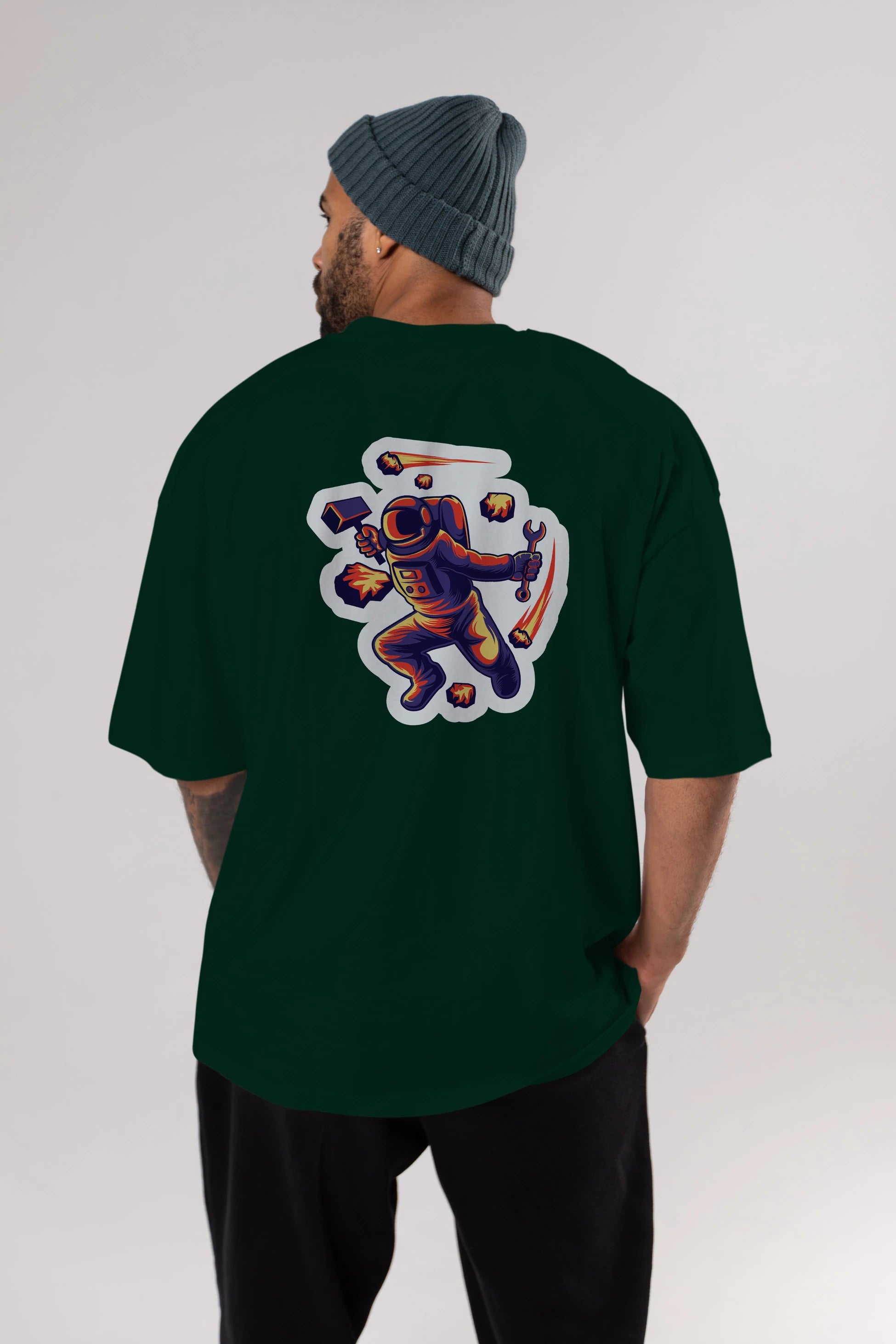 Astronaut Block Meteor Sticker Arka Baskılı Oversize t-shirt Erkek Kadın Unisex