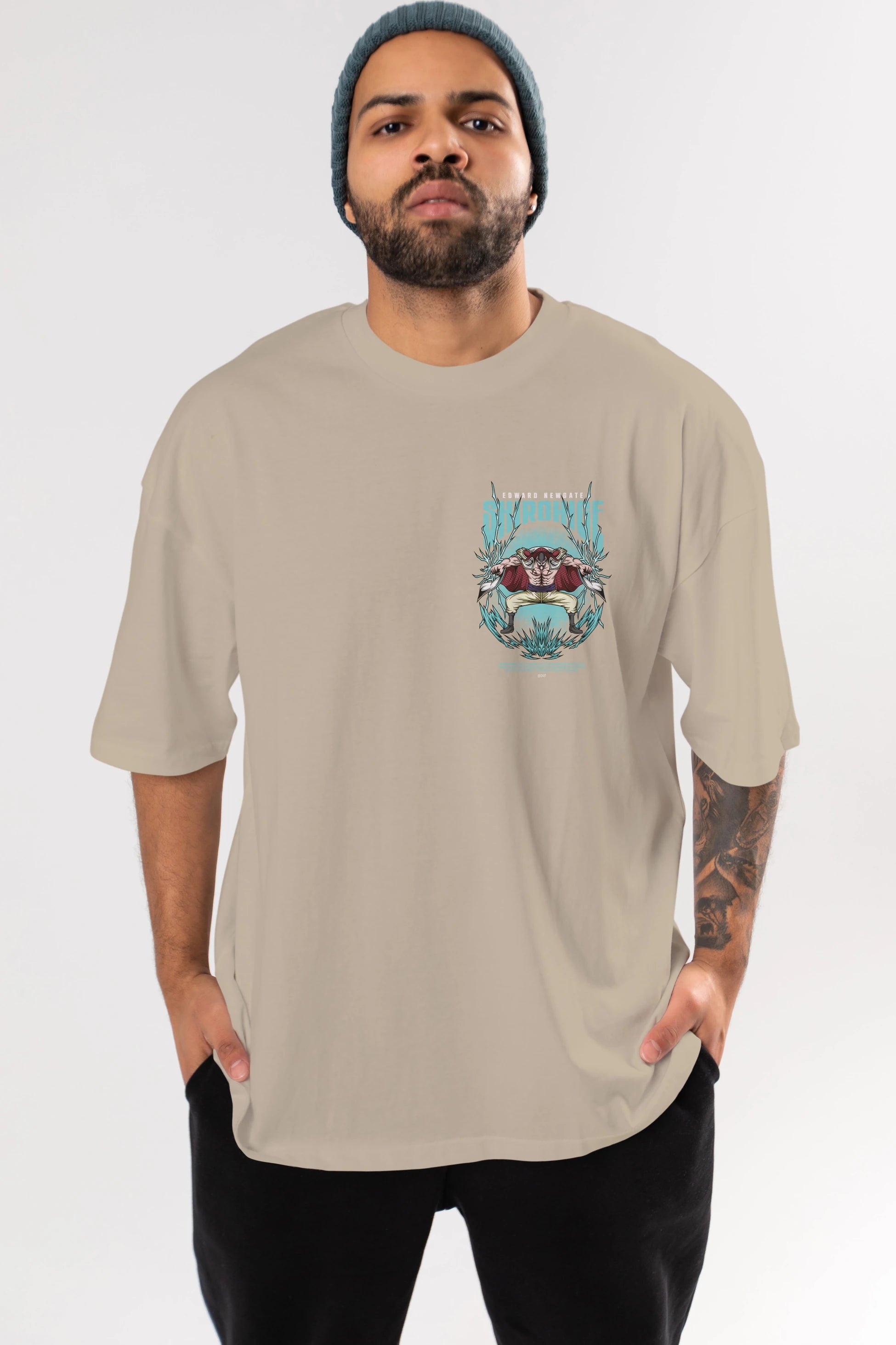 Shirohige Ön Sol Baskılı Oversize t-shirt Erkek Kadın Unisex %100 Pamuk Bisiklet Yaka tişort