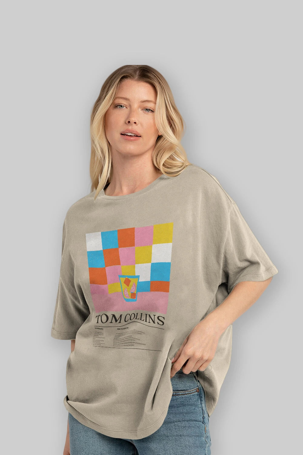 Tom Collins Kokteyl Ön Baskılı Oversize t-shirt Erkek Kadın %100 Pamuk Bisiklet Yaka tişort