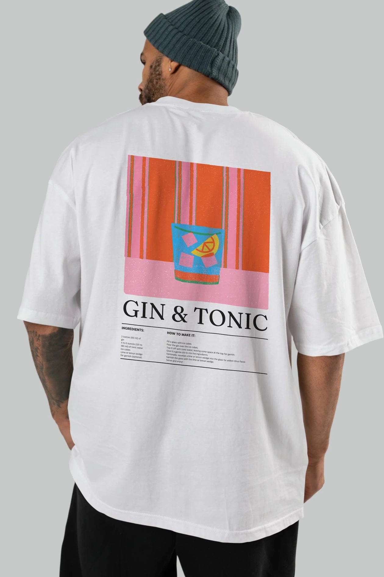 Gin Tonic Kokteyl Serisi Arka Baskılı Oversize t-shirt Erkek Kadın %100 Pamuk Bisiklet Yaka tişort