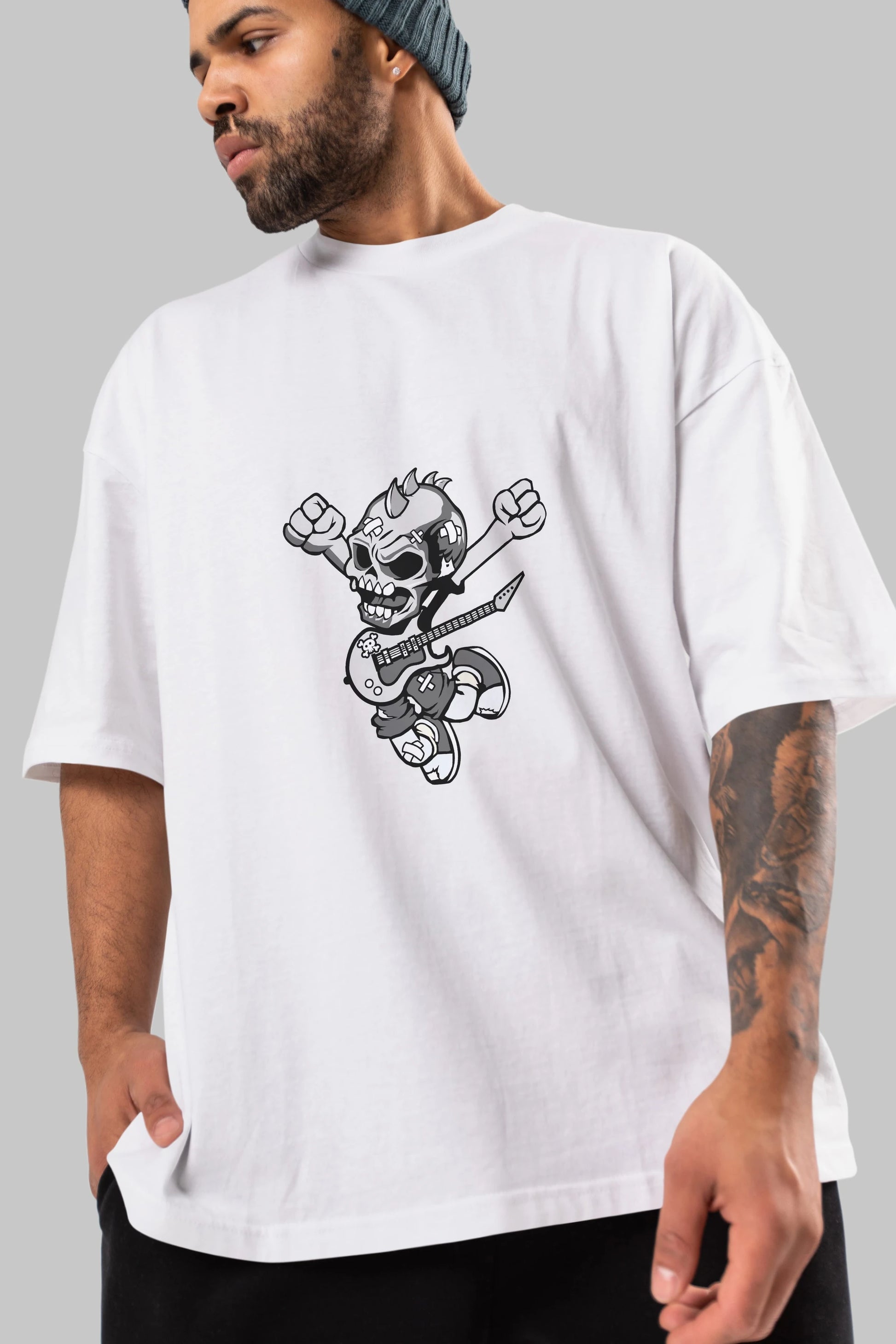 Punk Rocker Metal Guitar Ön Baskılı Oversize t-shirt Erkek Kadın Unisex %100 Pamuk tişort