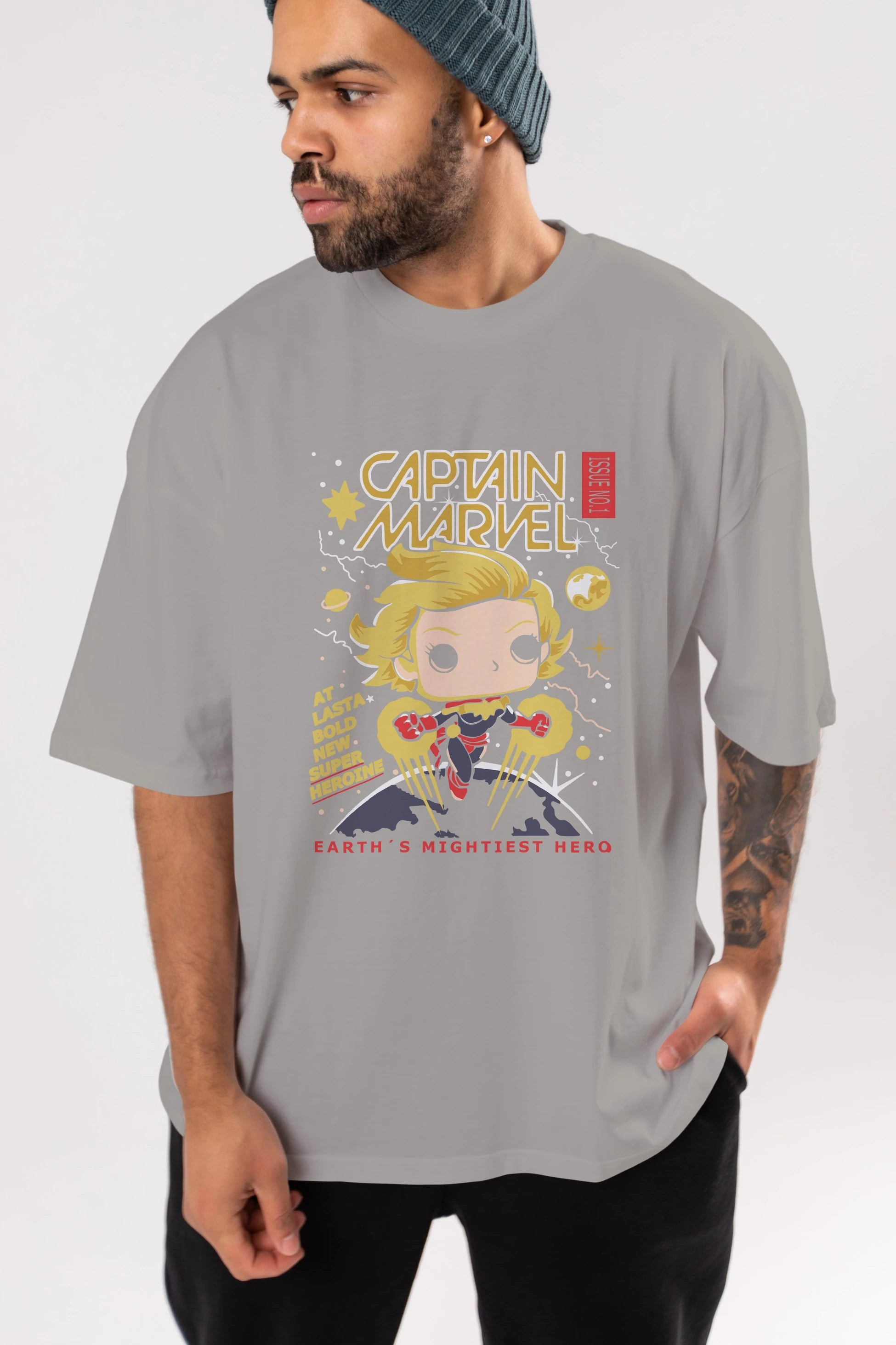 Captain Marvel Ön Baskılı Oversize t-shirt Erkek Kadın Unisex %100 Pamuk Bisiklet Yaka tişort