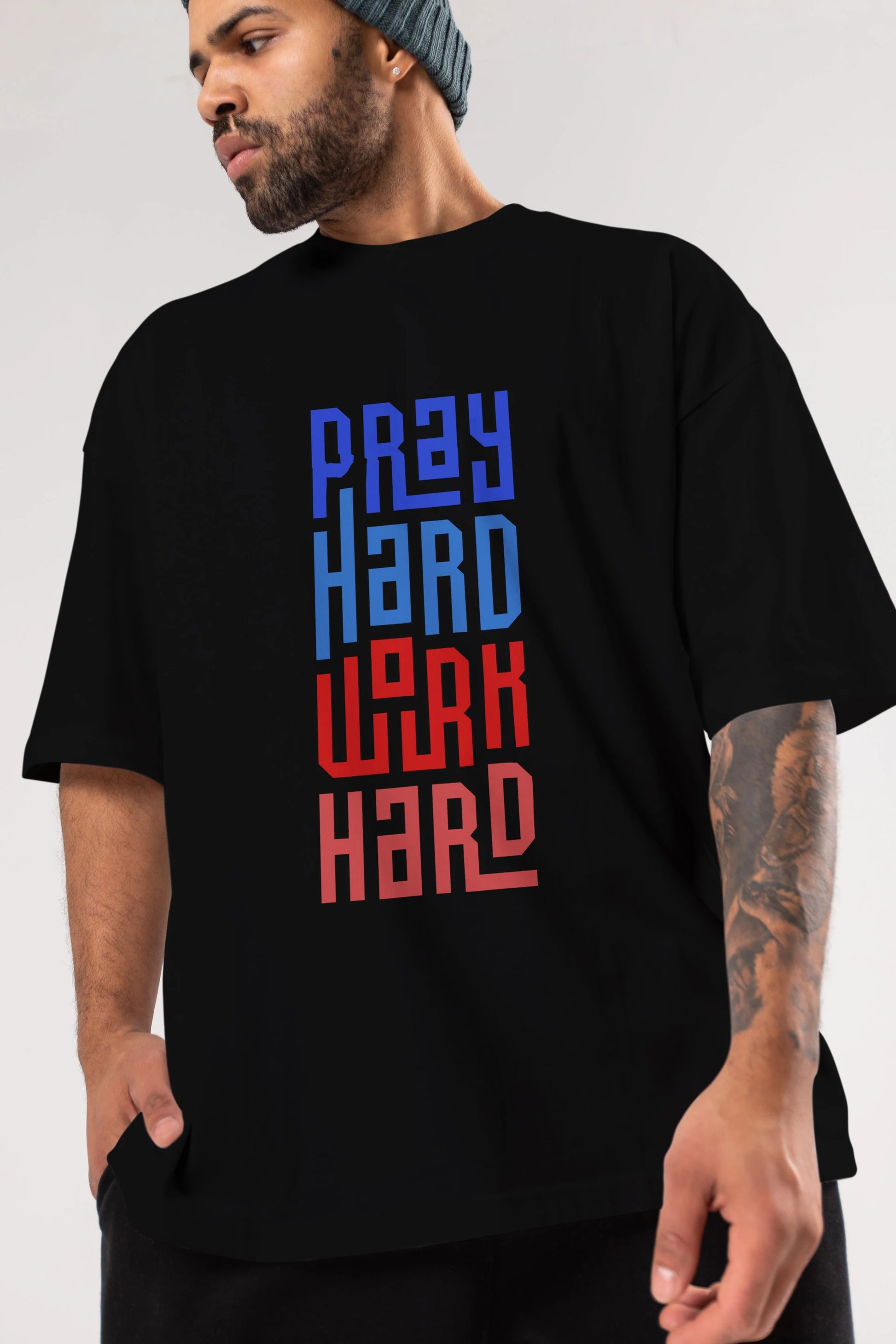 Pray Hard Work Hard Yazılı Ön Baskılı Oversize t-shirt Erkek Kadın Unisex