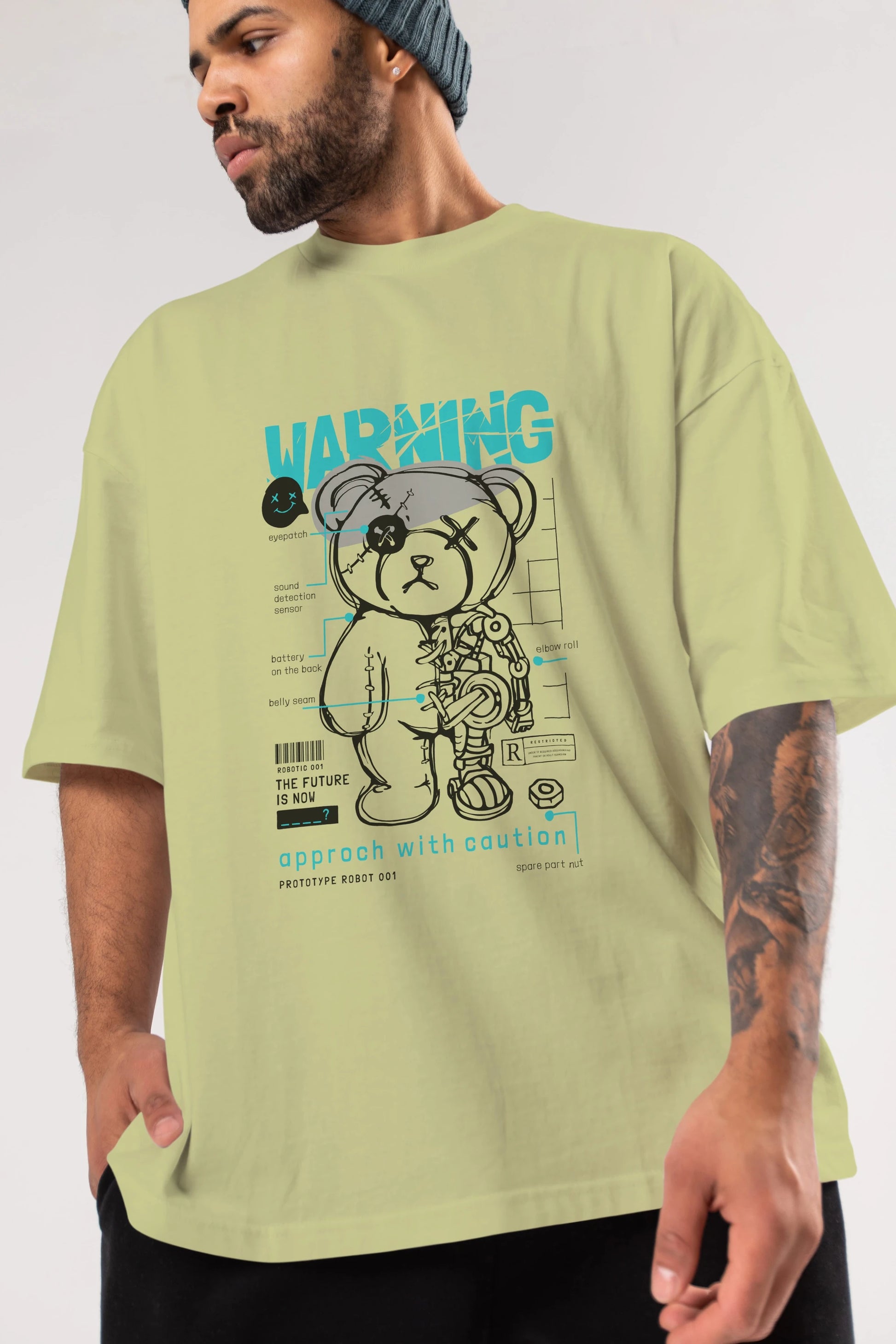 Teddy Bear Warning Ön Baskılı Oversize t-shirt Erkek Kadın Unisex
