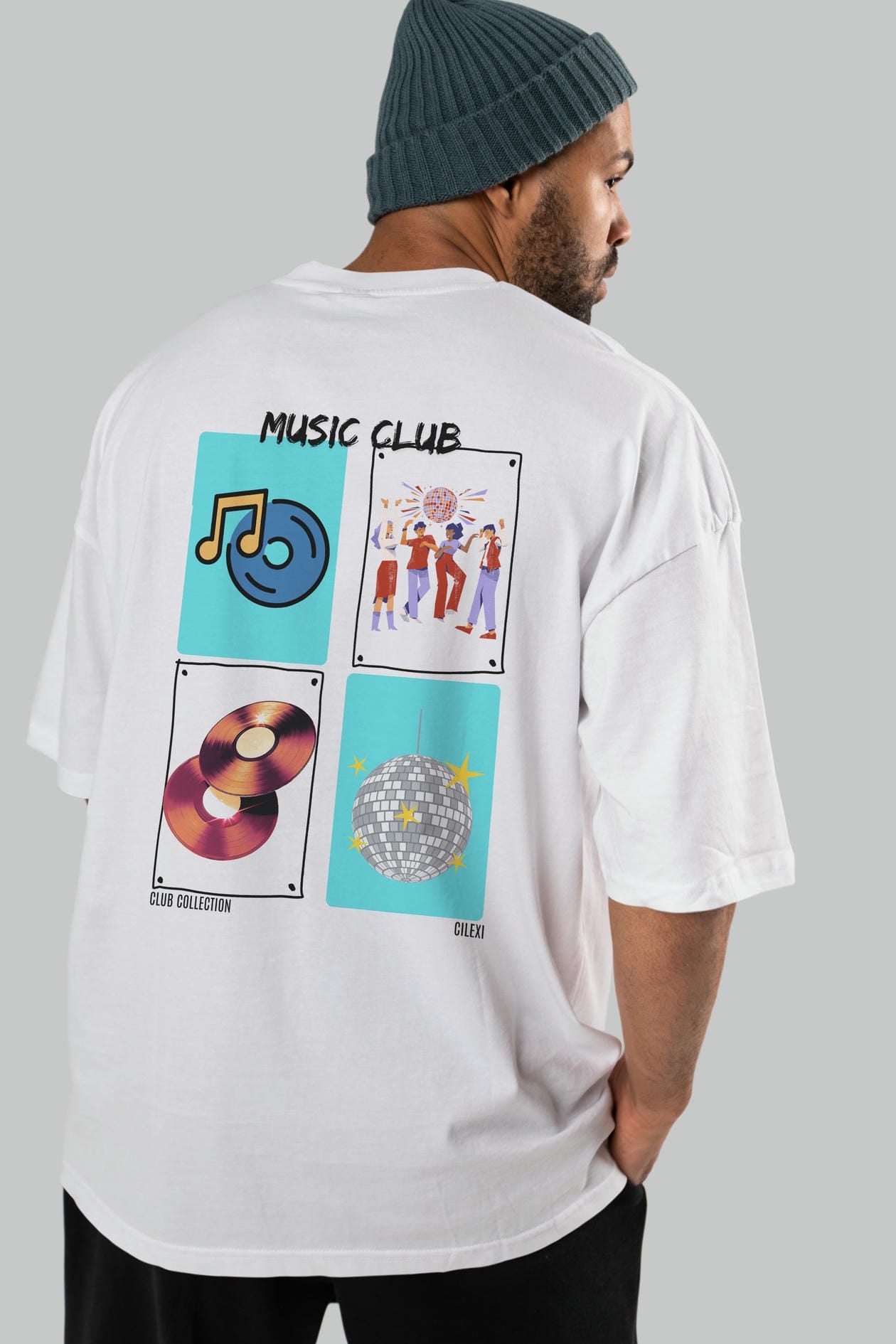 Music Club Arka Baskılı Oversize t-shirt Erkek Kadın %100 Pamuk Bisiklet Yaka tişort