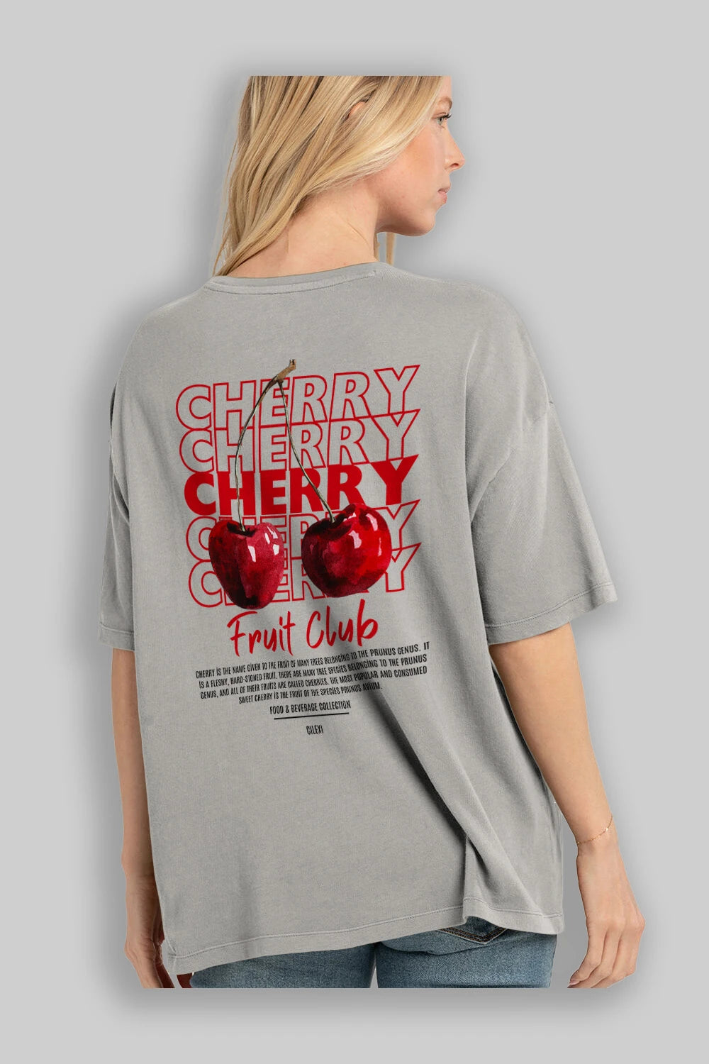 Cherry Arka Baskılı Oversize t-shirt Erkek Kadın Pamuk Bisiklet Yaka tişort