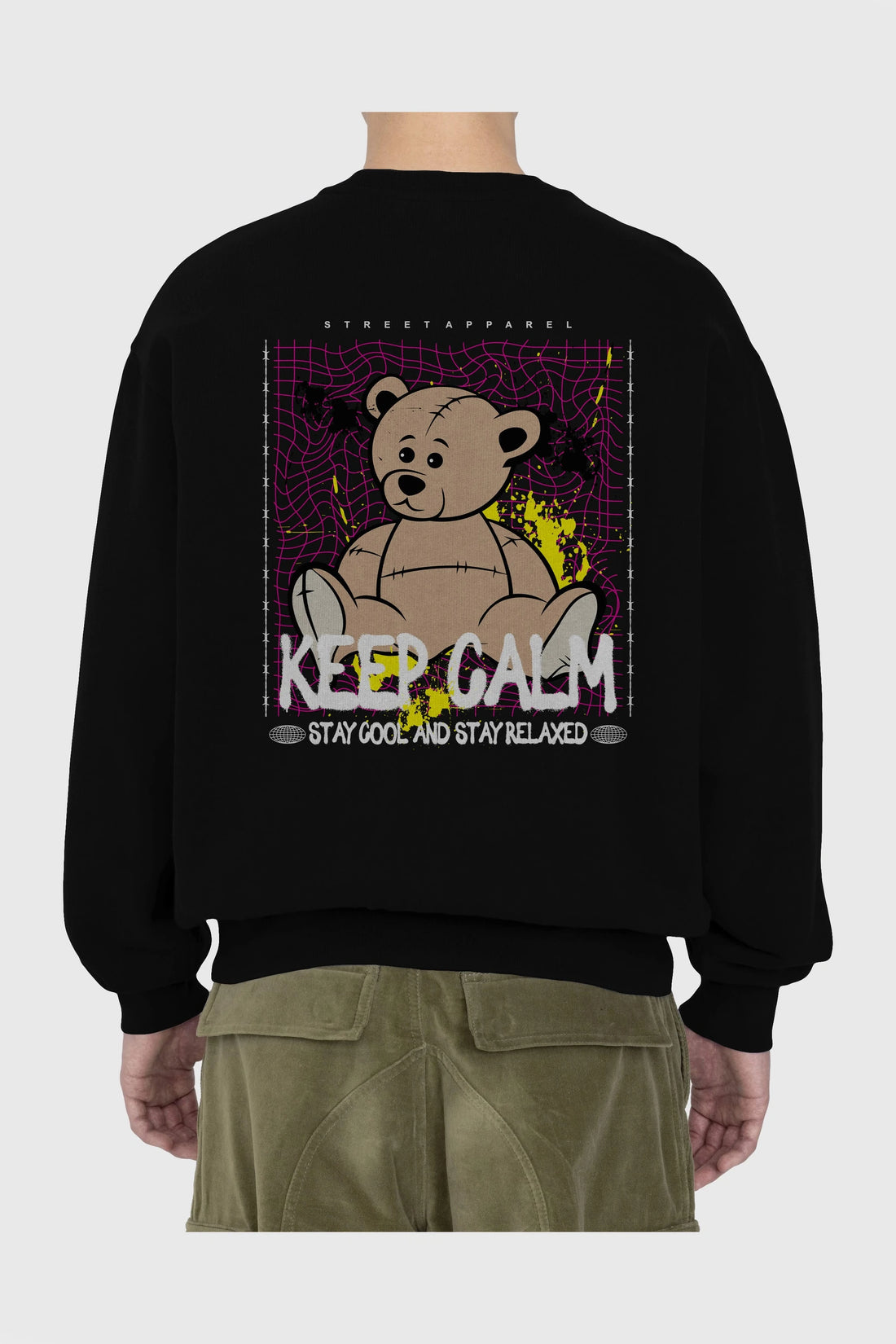 Keep Calm Bear Arka Baskılı Oversize Sweatshirt Erkek Kadın Unisex