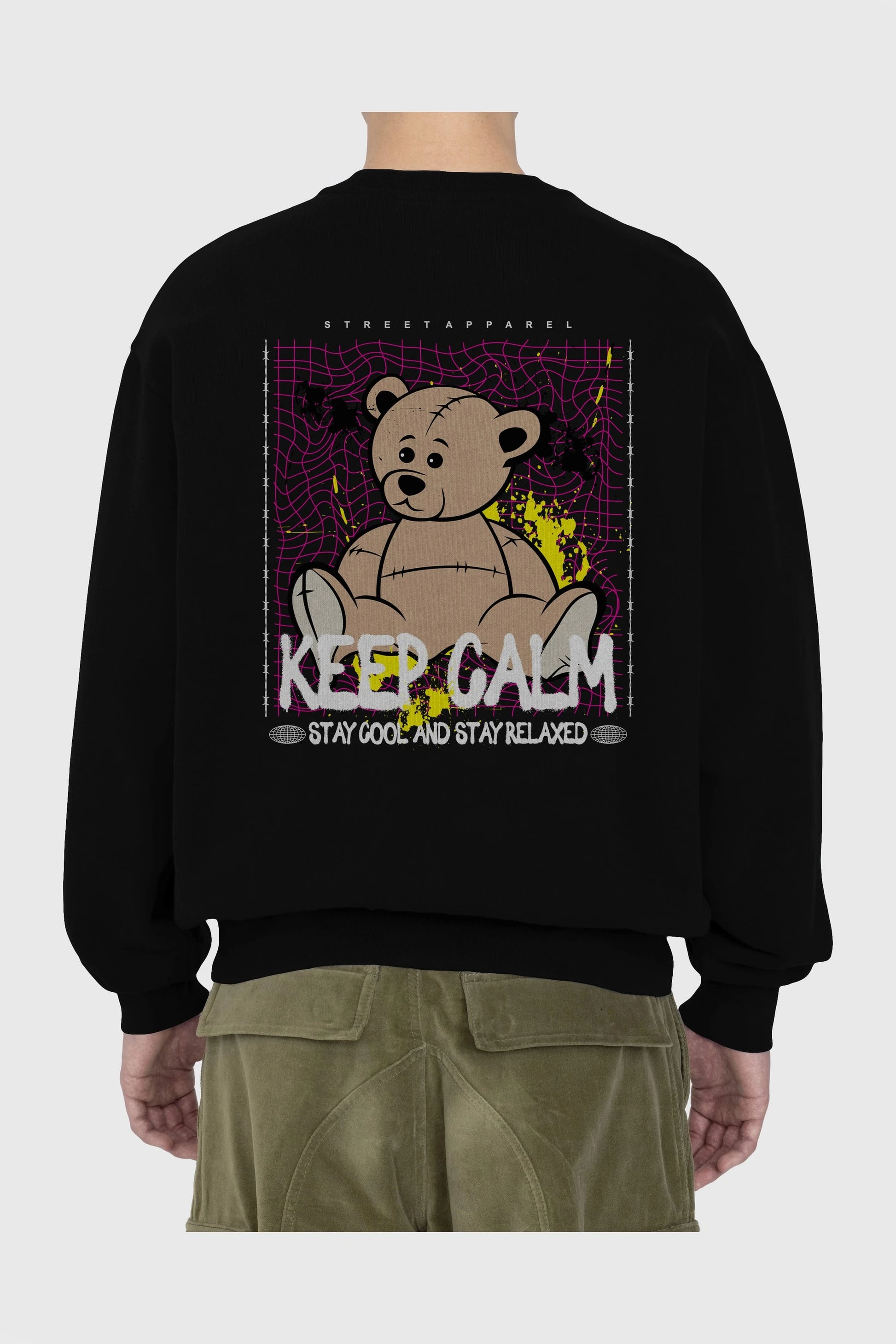 Keep Calm Bear Arka Baskılı Oversize Sweatshirt Erkek Kadın Unisex